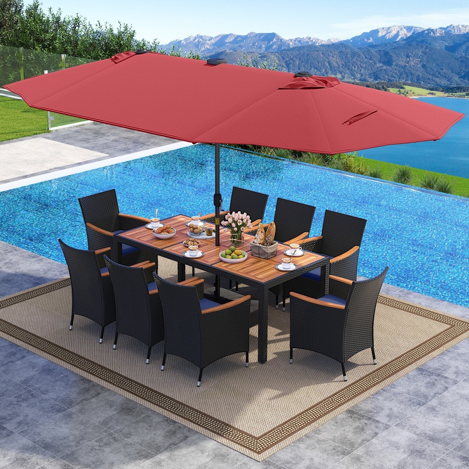 11 Pieces Patio Dining Set with LED Patio Umbrella with Base and Seat Cushions (Navy)-Beige