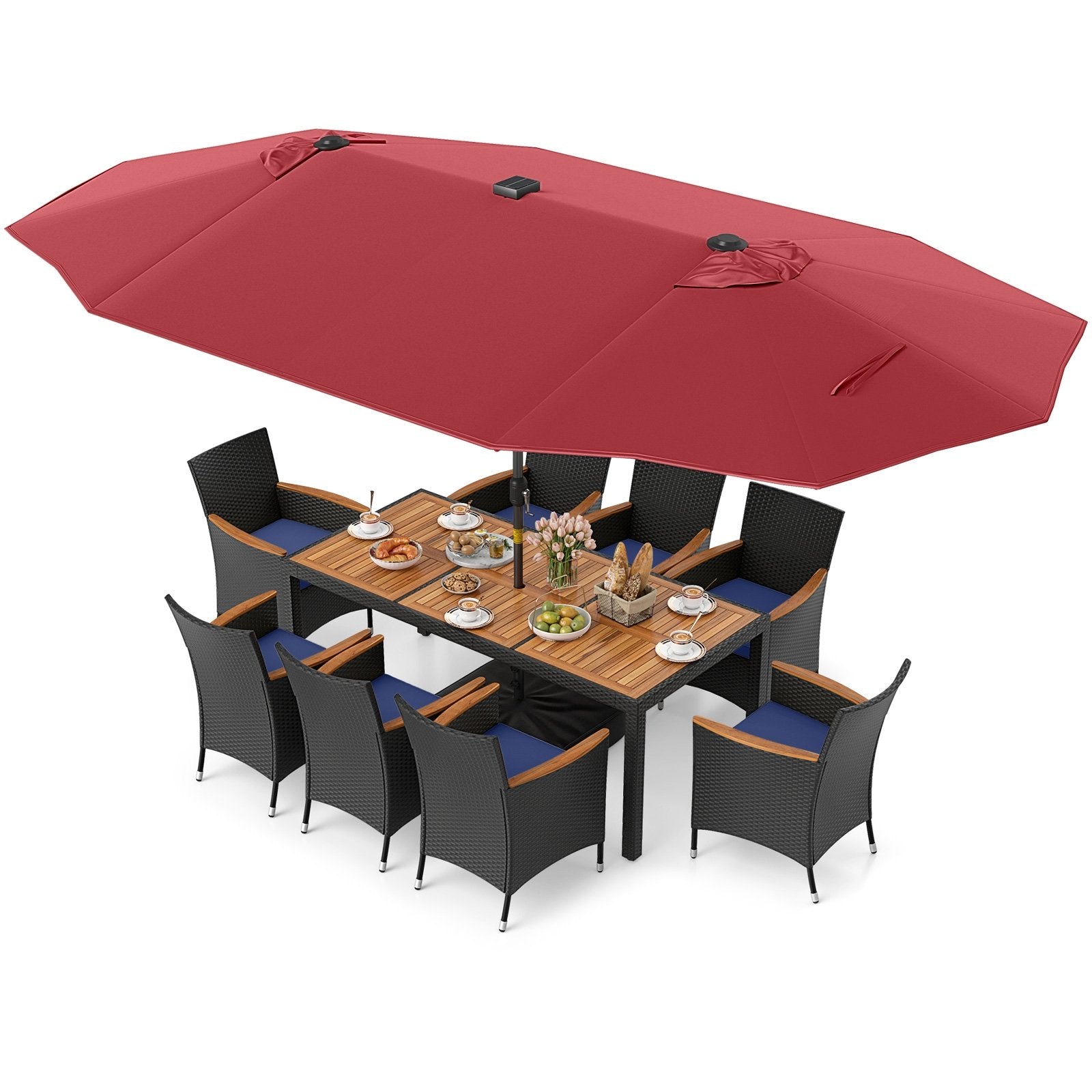 11 Pieces Patio Dining Set with LED Patio Umbrella with Base and Seat Cushions (Navy)-Beige