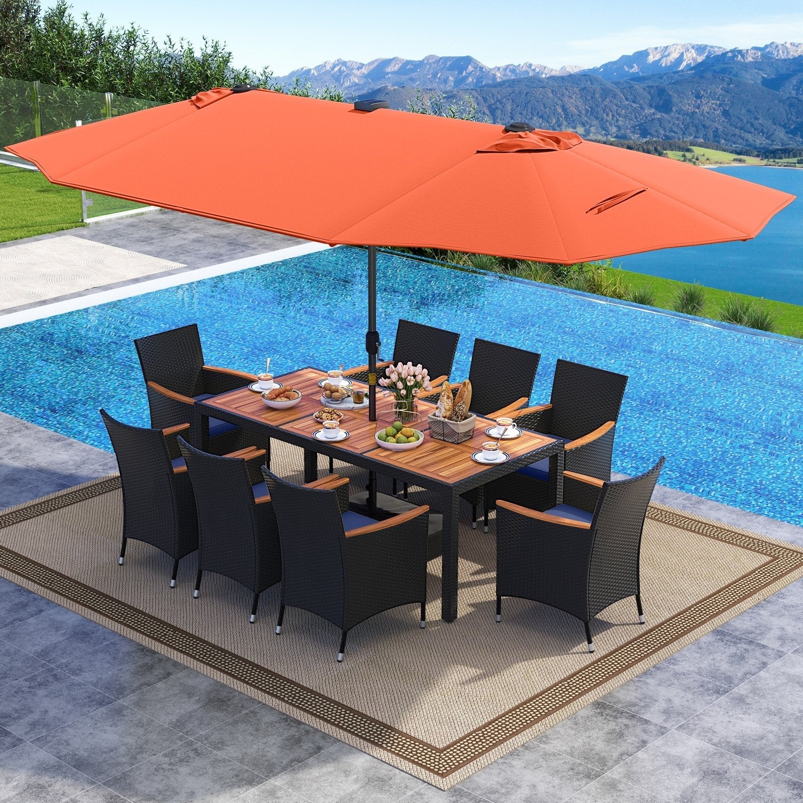11 Pieces Patio Dining Set with LED Patio Umbrella with Base and Seat Cushions (Navy)-Beige