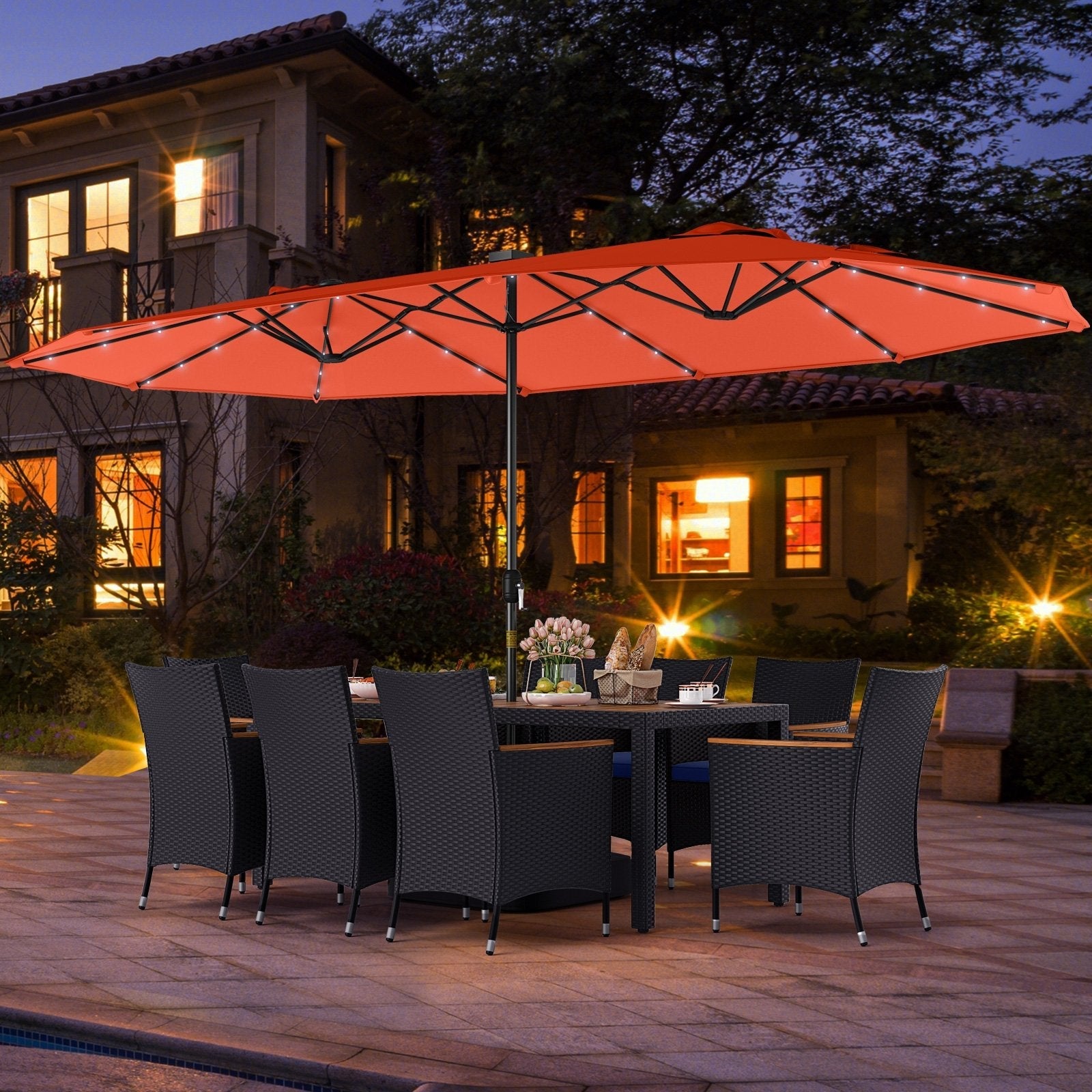 11 Pieces Patio Dining Set with LED Patio Umbrella with Base and Seat Cushions (Navy)-Beige
