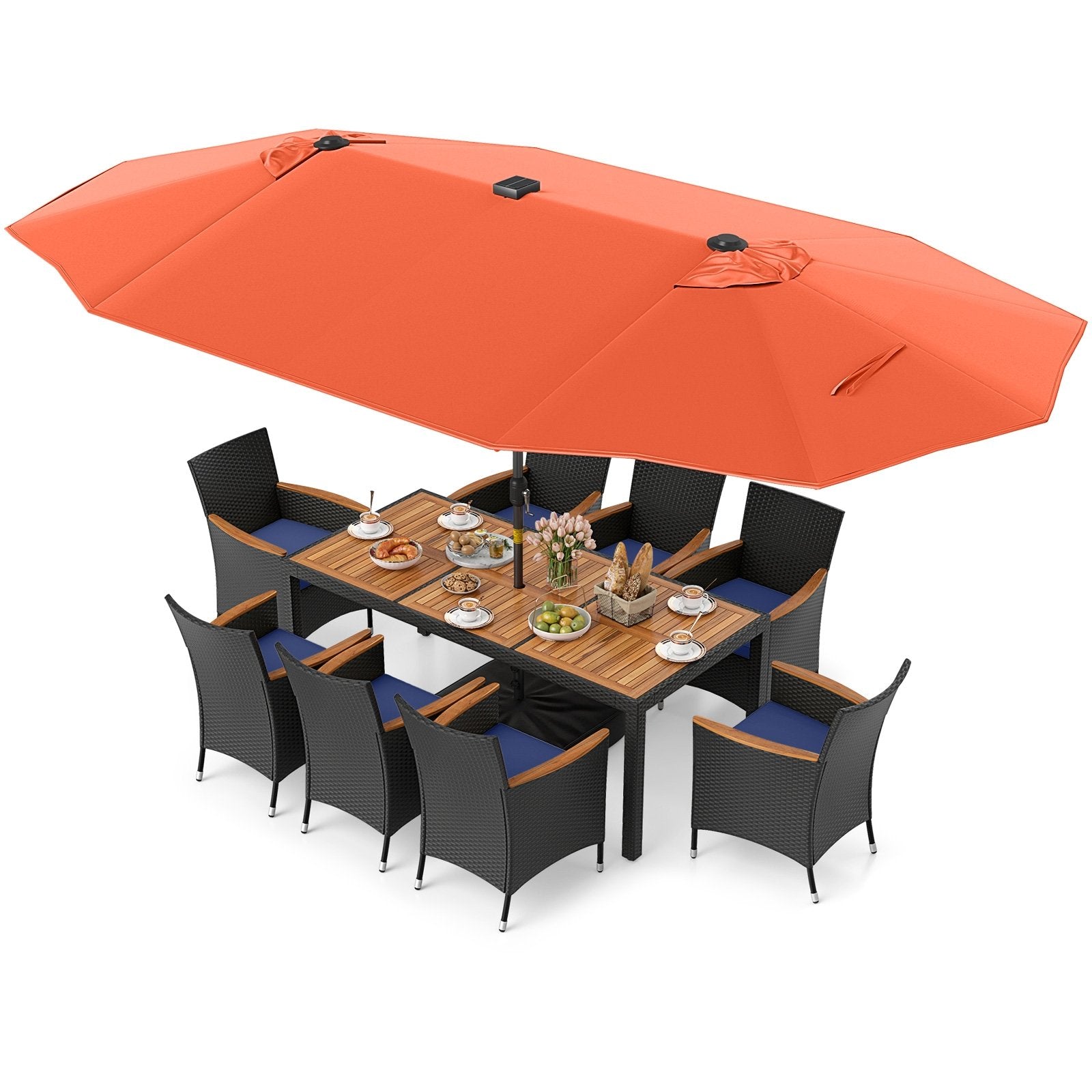 11 Pieces Patio Dining Set with LED Patio Umbrella with Base and Seat Cushions (Navy)-Beige