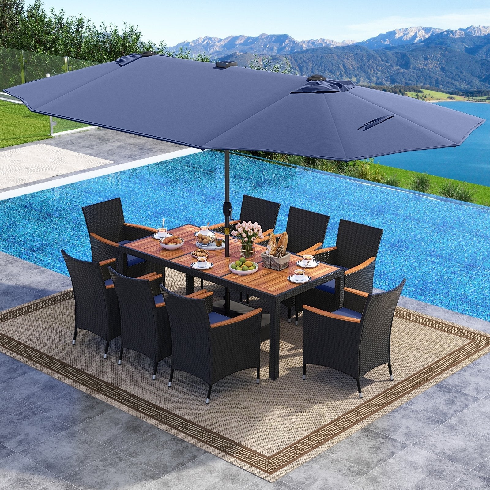 11 Pieces Patio Dining Set with LED Patio Umbrella with Base and Seat Cushions (Navy)-Beige