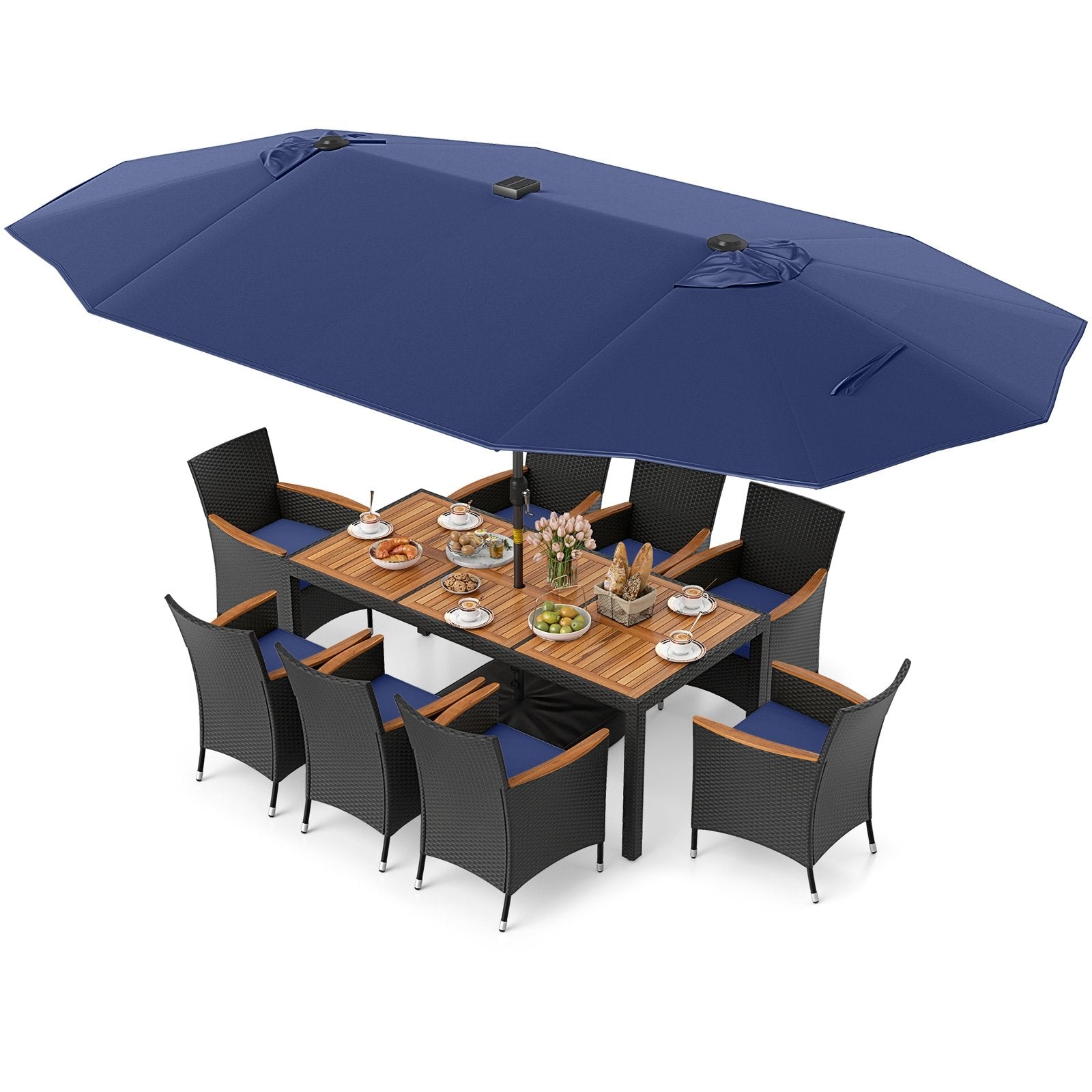 11 Pieces Patio Dining Set with LED Patio Umbrella with Base and Seat Cushions (Navy)-Beige