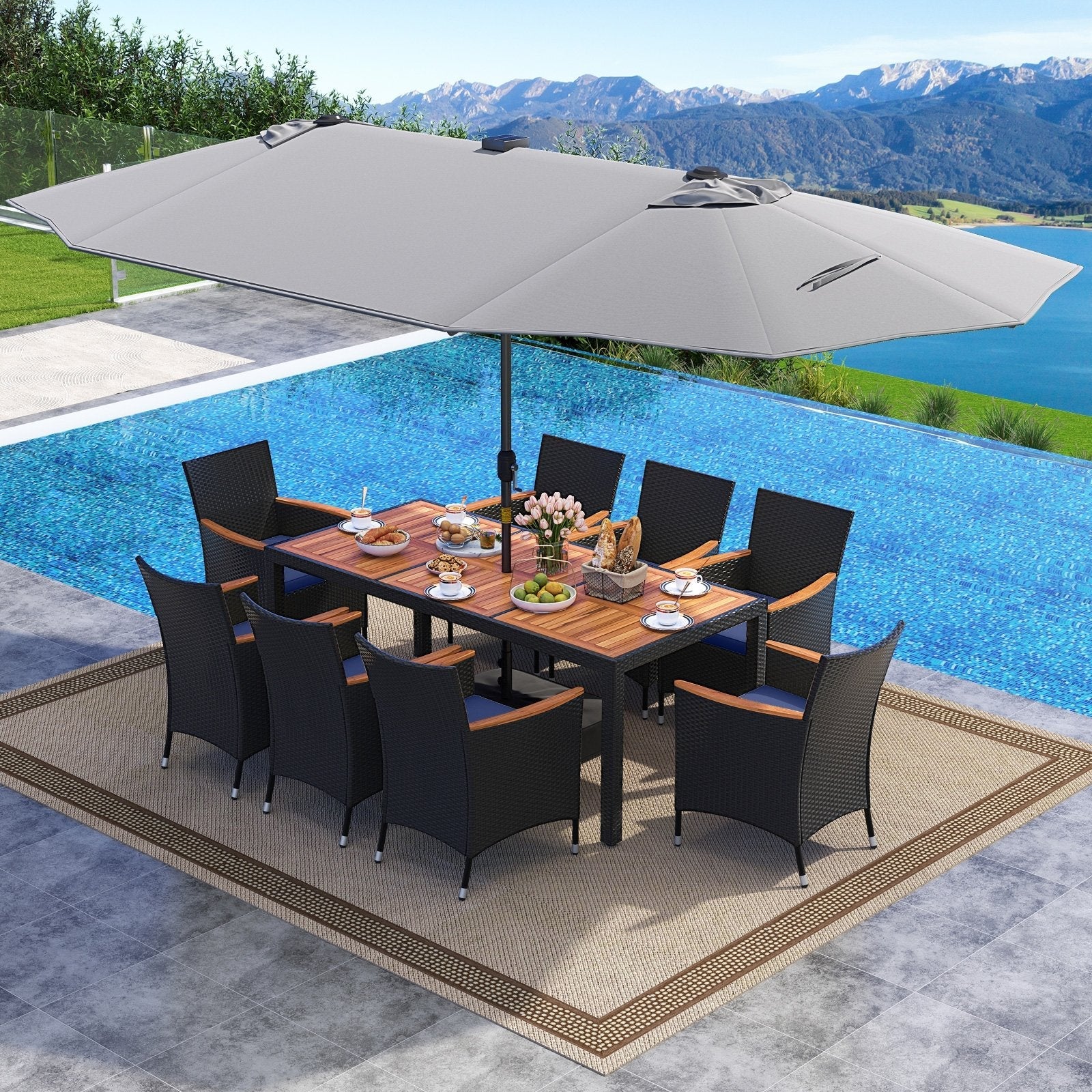 11 Pieces Patio Dining Set with LED Patio Umbrella with Base and Seat Cushions (Navy)-Beige