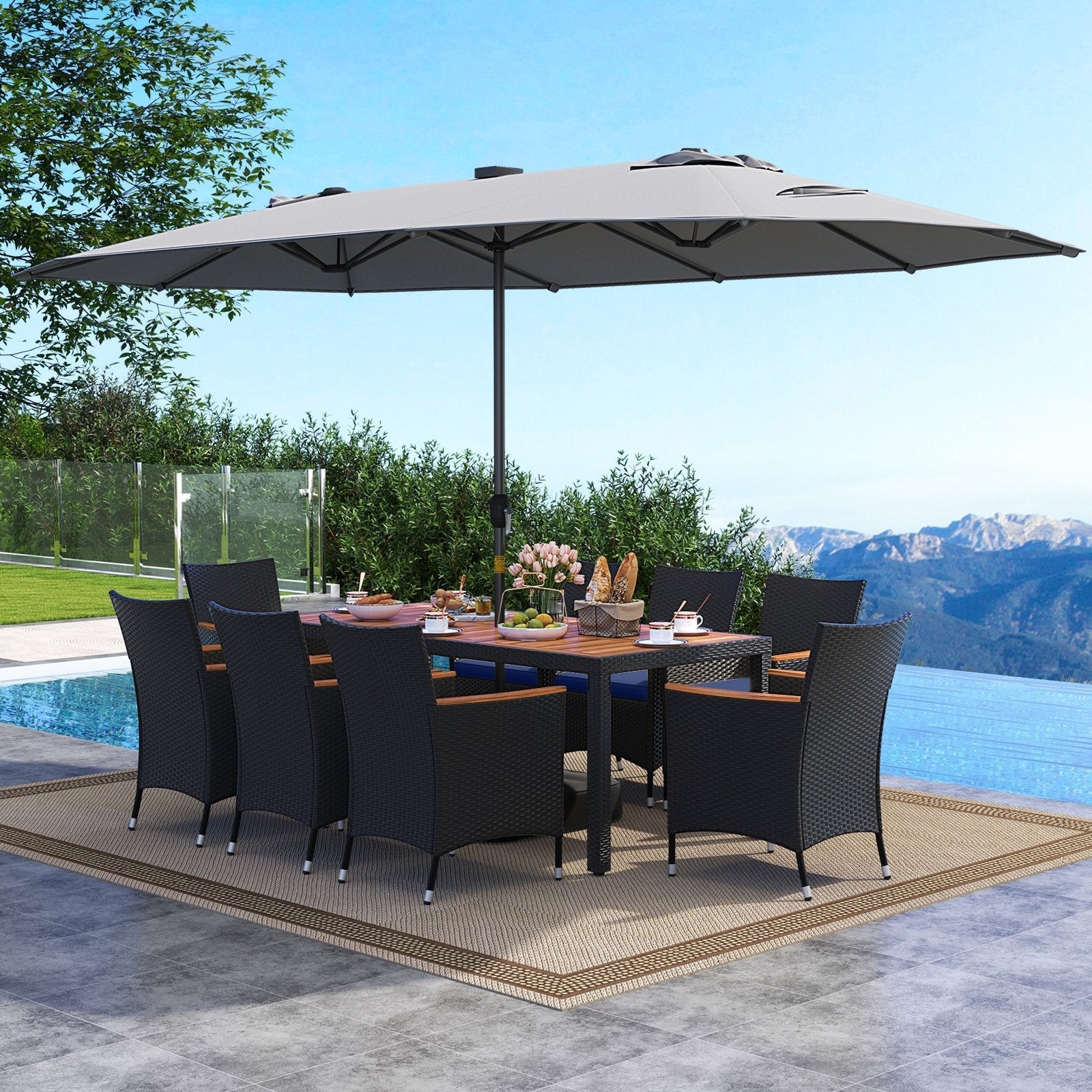 11 Pieces Patio Dining Set with LED Patio Umbrella with Base and Seat Cushions (Navy)-Beige