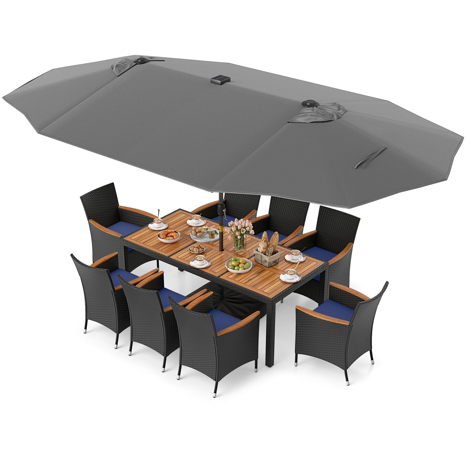11 Pieces Patio Dining Set with LED Patio Umbrella with Base and Seat Cushions (Navy)-Beige