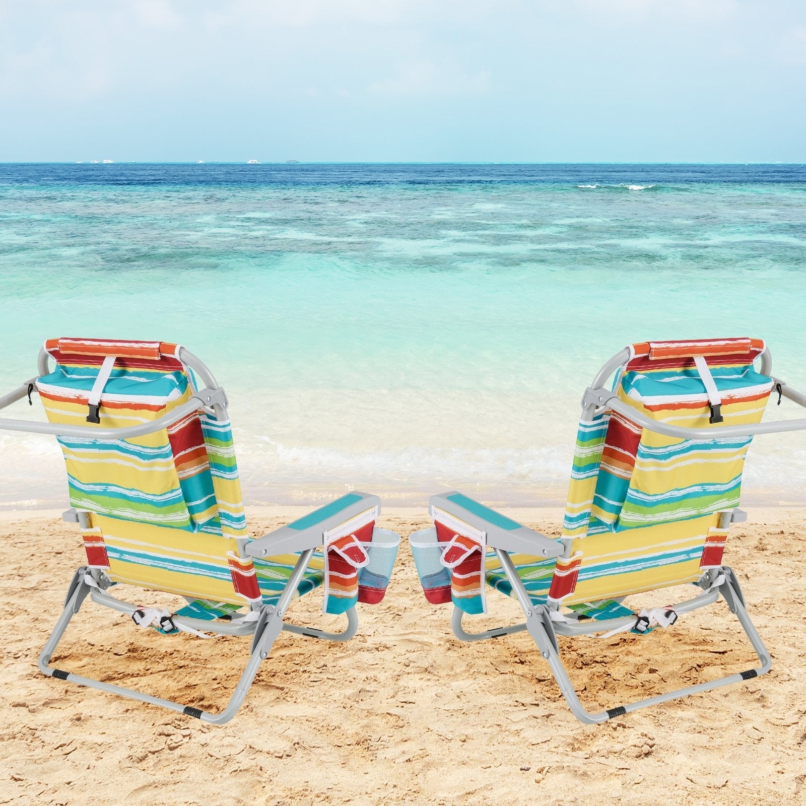 1 Piece Foldable Backpack Beach Chair with Cup Holder and Storage Pockets for Outdoor-Blue