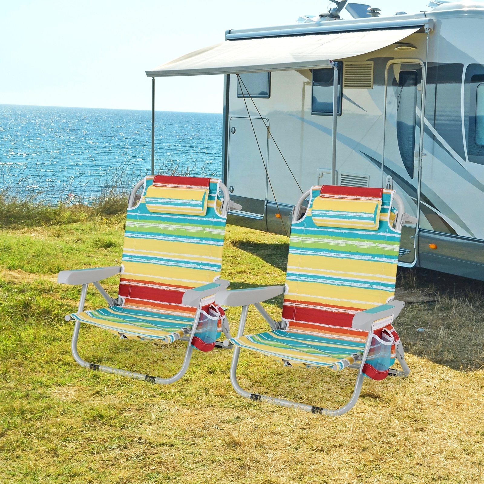 1 Piece Foldable Backpack Beach Chair with Cup Holder and Storage Pockets for Outdoor-Blue