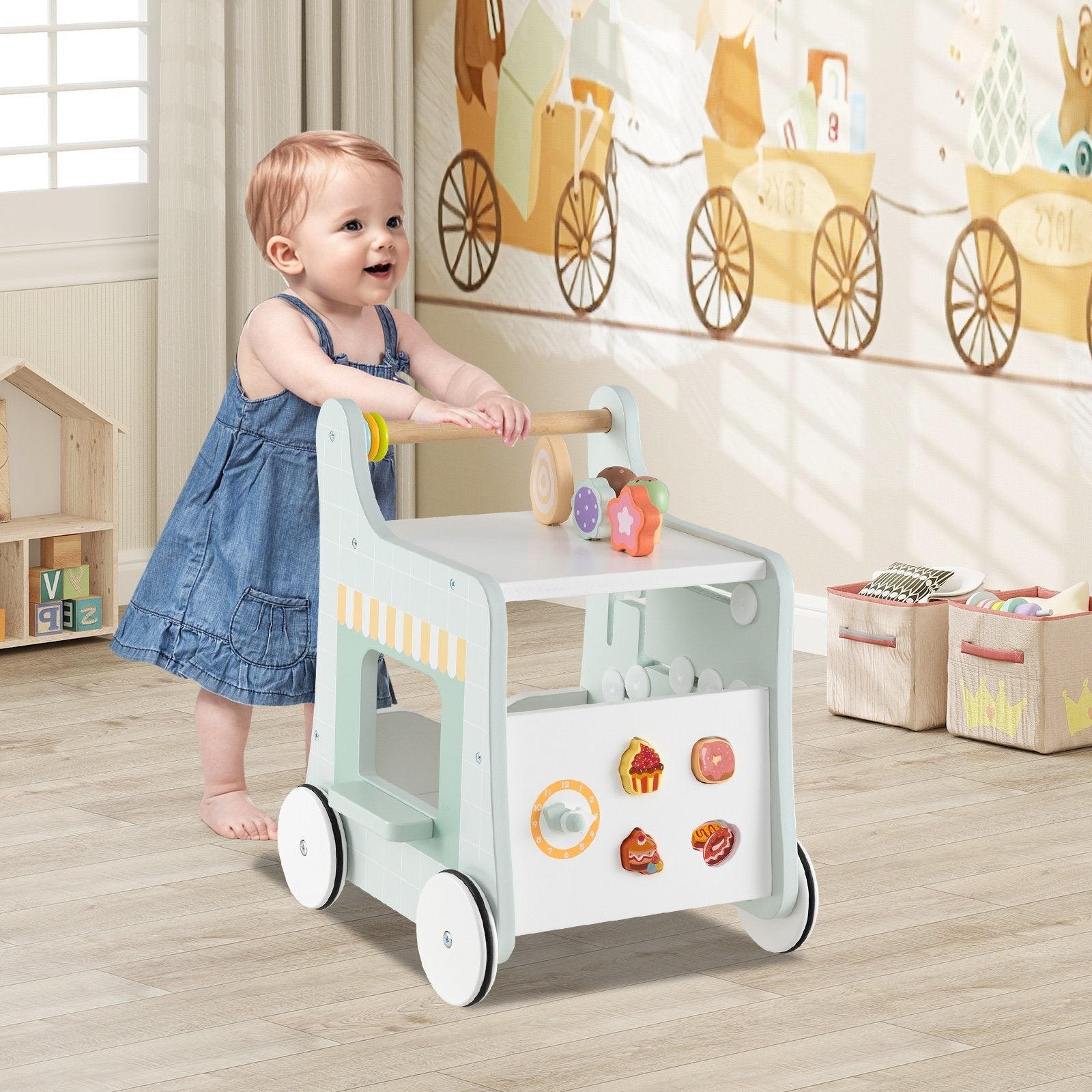 2-in-1 Baby Walker with Storage and Ice Creams for 1+ Years Old-Light Green