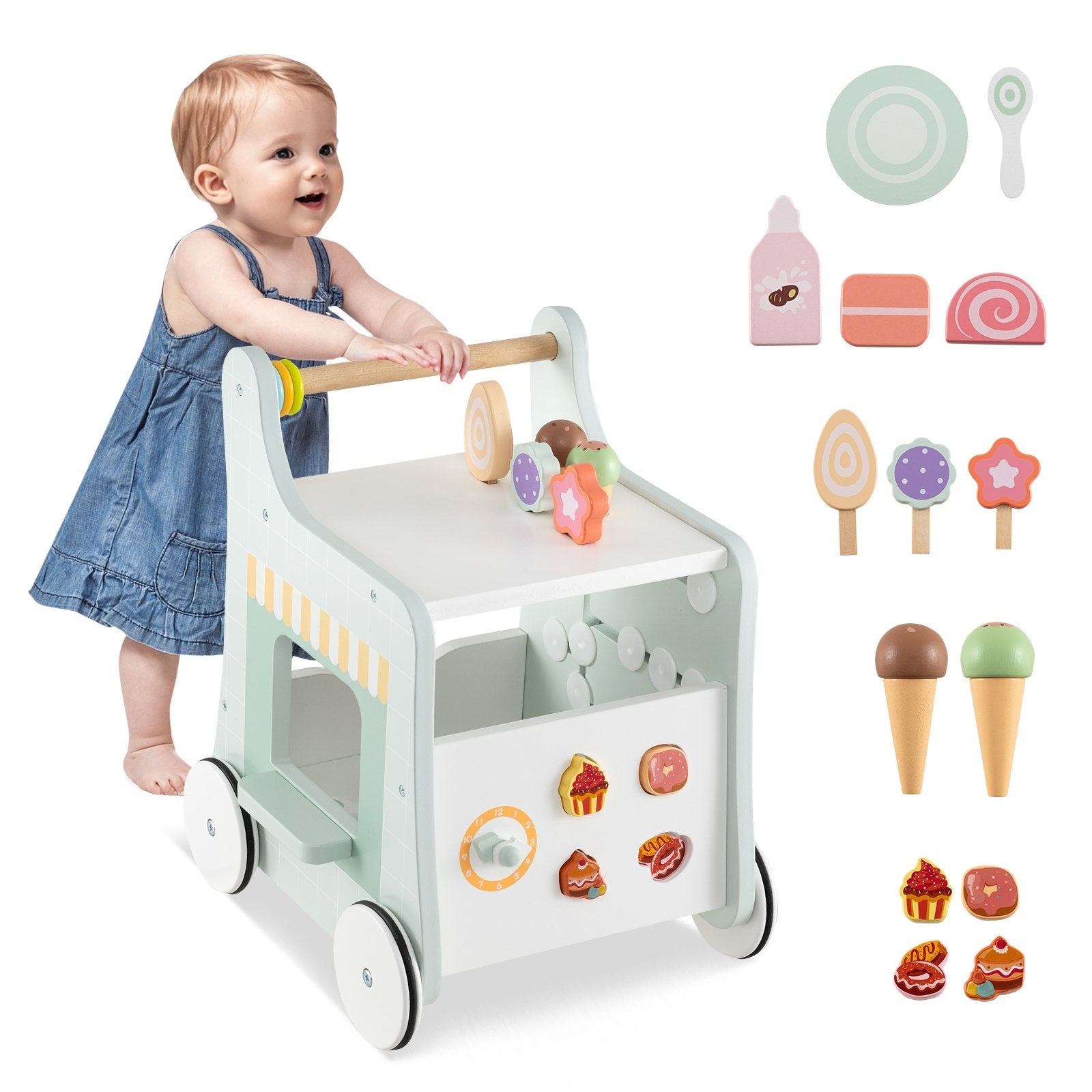 2-in-1 Baby Walker with Storage and Ice Creams for 1+ Years Old-Light Green