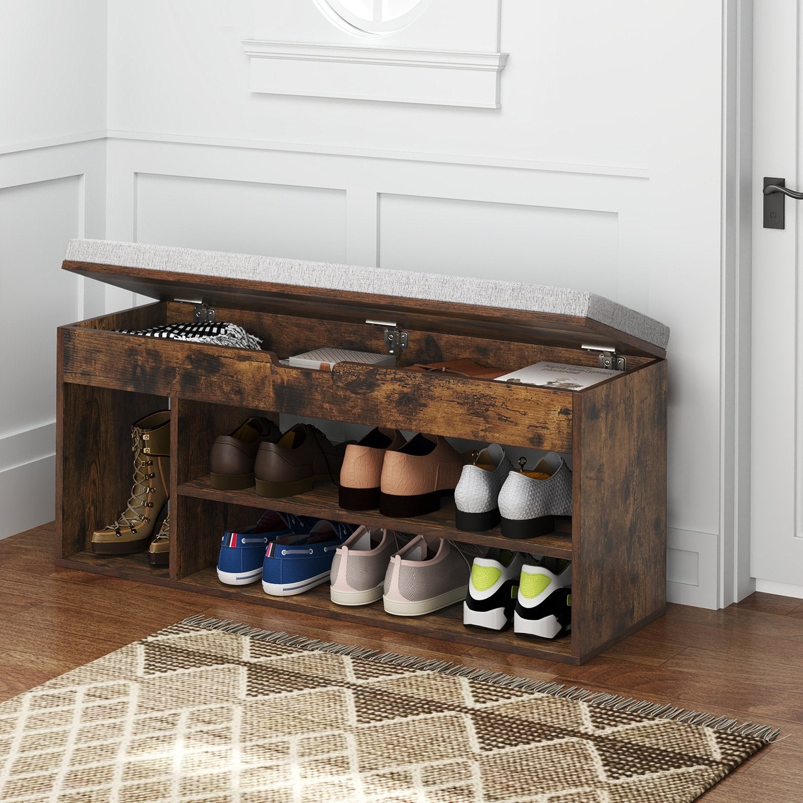 Padded Seat Shoe Bench with Hidden Storage and 3 Open Shelves-Coffee