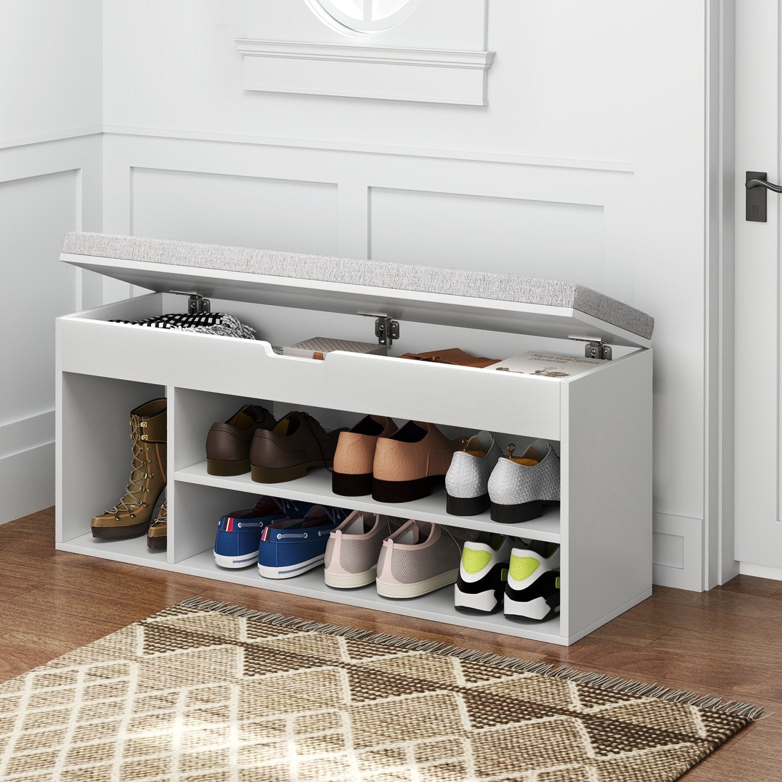 Padded Seat Shoe Bench with Hidden Storage and 3 Open Shelves-Coffee