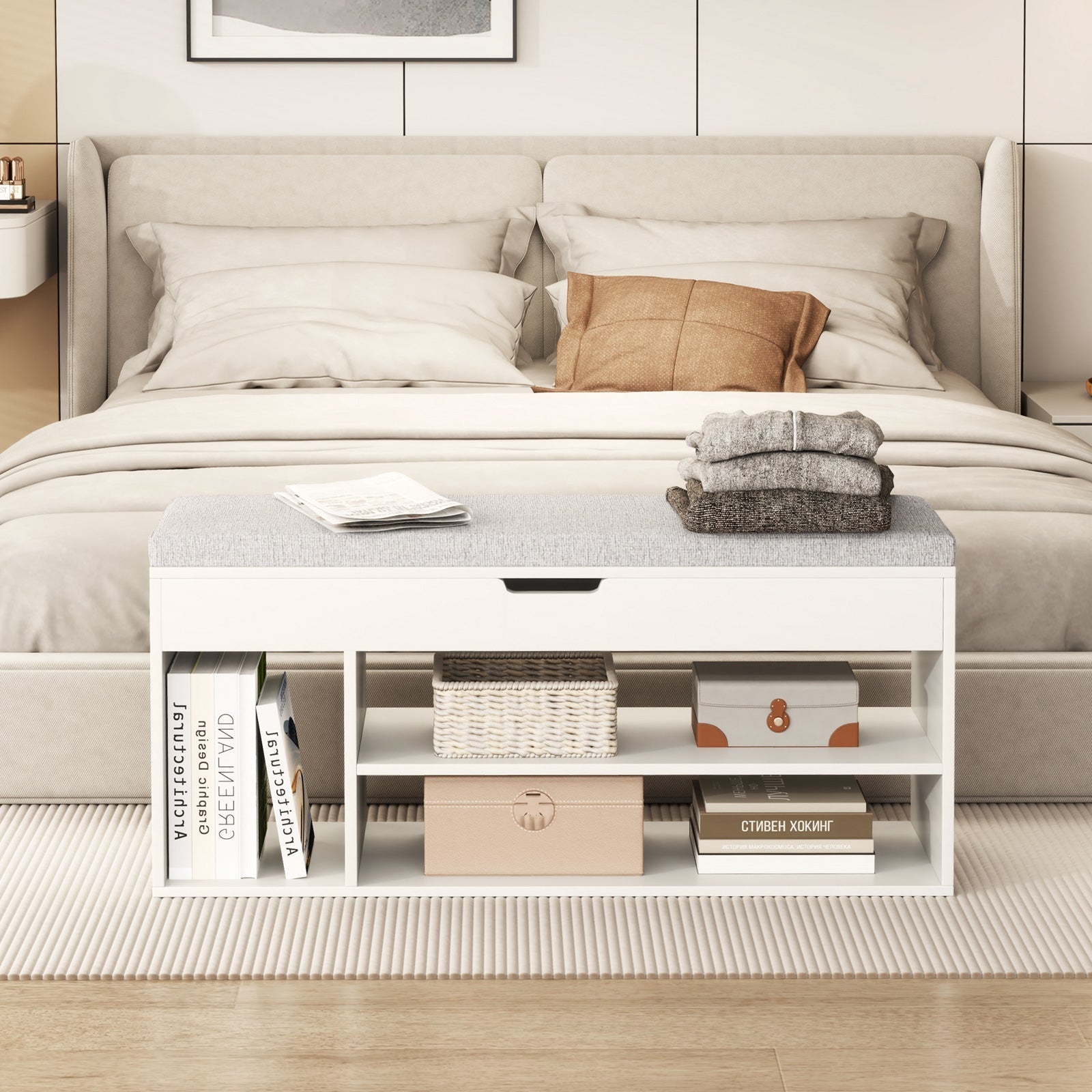 Padded Seat Shoe Bench with Hidden Storage and 3 Open Shelves-Coffee