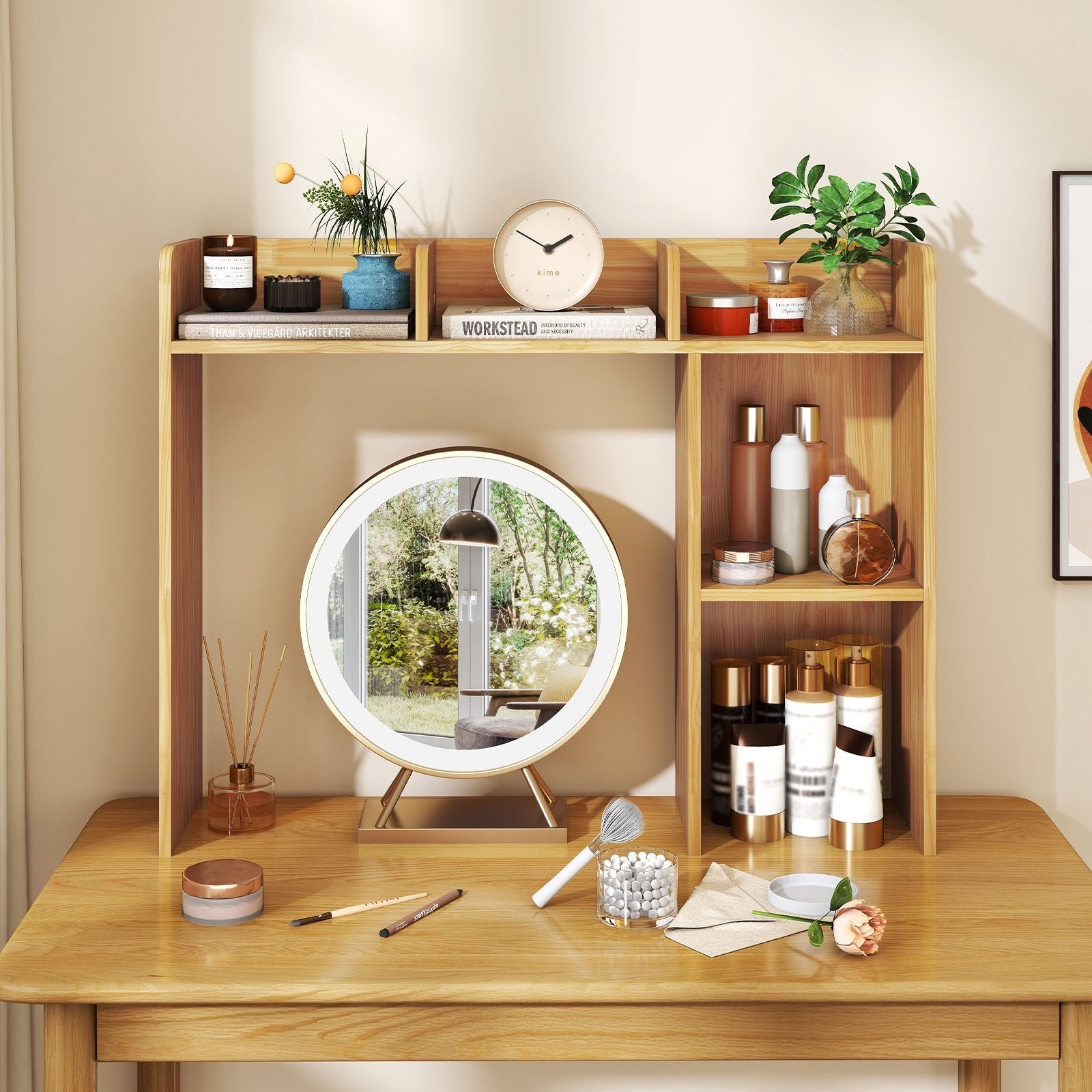 3-Tier Multipurpose Desk Bookshelf with 4 Shelves-Beige