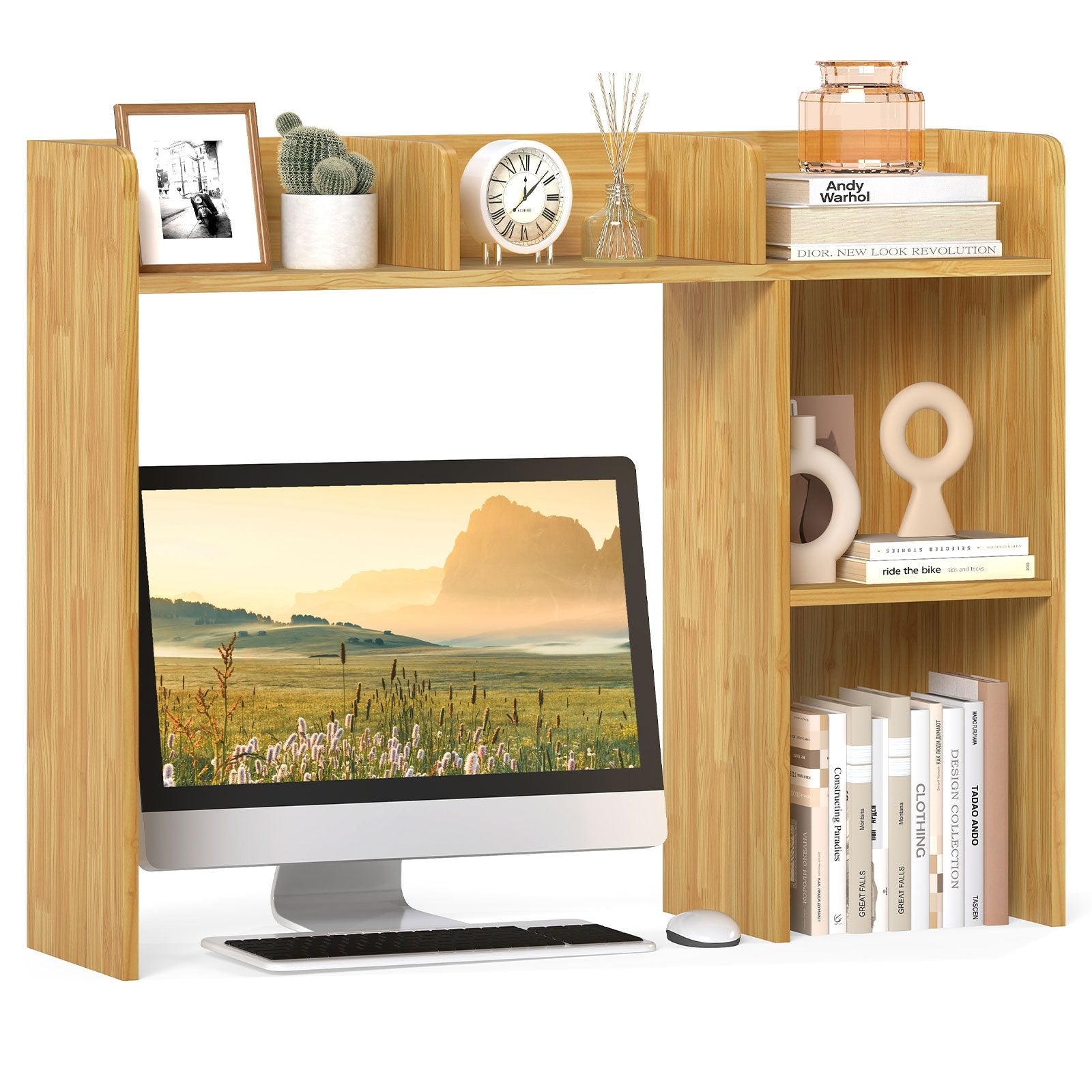 3-Tier Multipurpose Desk Bookshelf with 4 Shelves-Beige