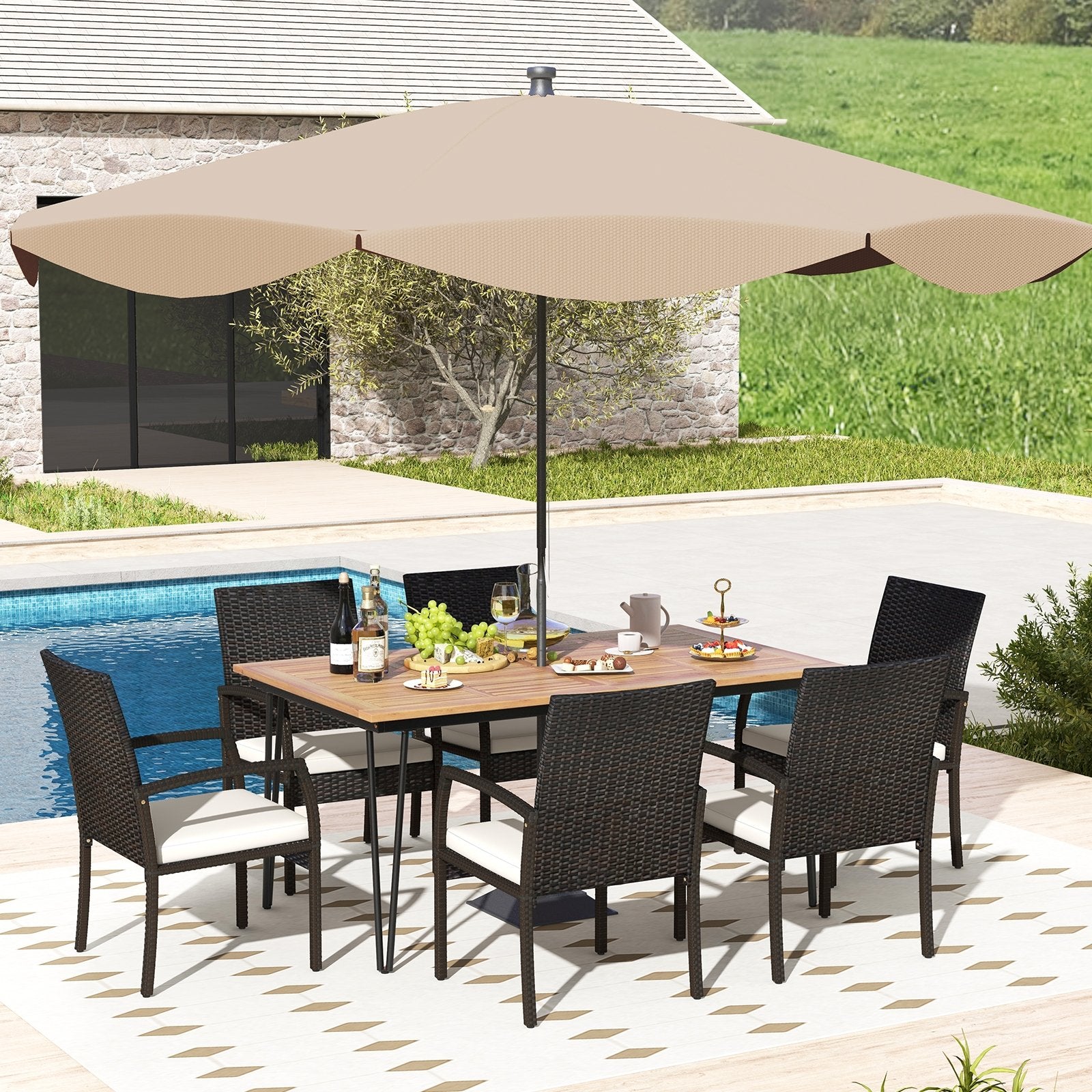 7 Pieces Patio Dining Set with Acacia Wood Dining Table for Porch Backyard Garden Poolside