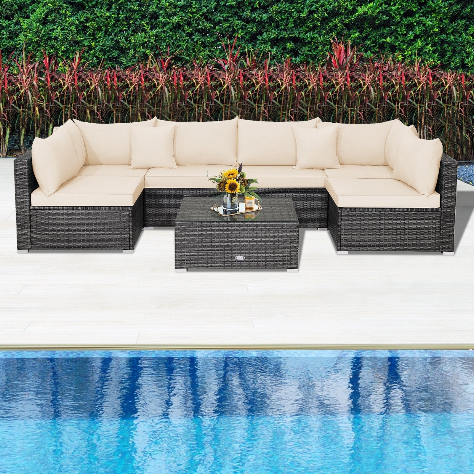 7 Pieces Patio Rattan Furniture Set with Sectional Sofa Cushioned-Beige