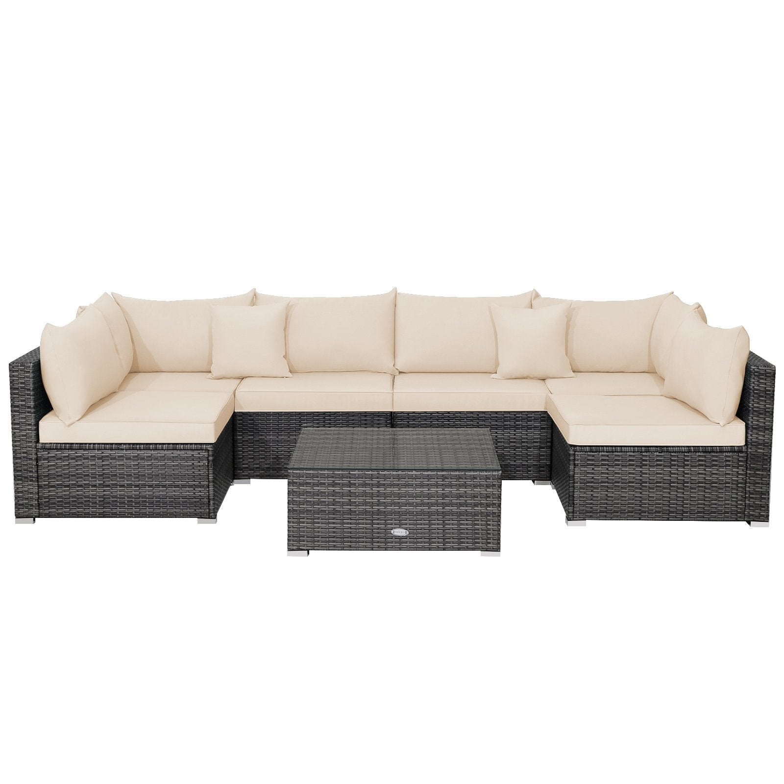 7 Pieces Patio Rattan Furniture Set with Sectional Sofa Cushioned-Beige