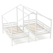 Double Twin Size Wooden Bed Frames with Built-in Table for Kids-White