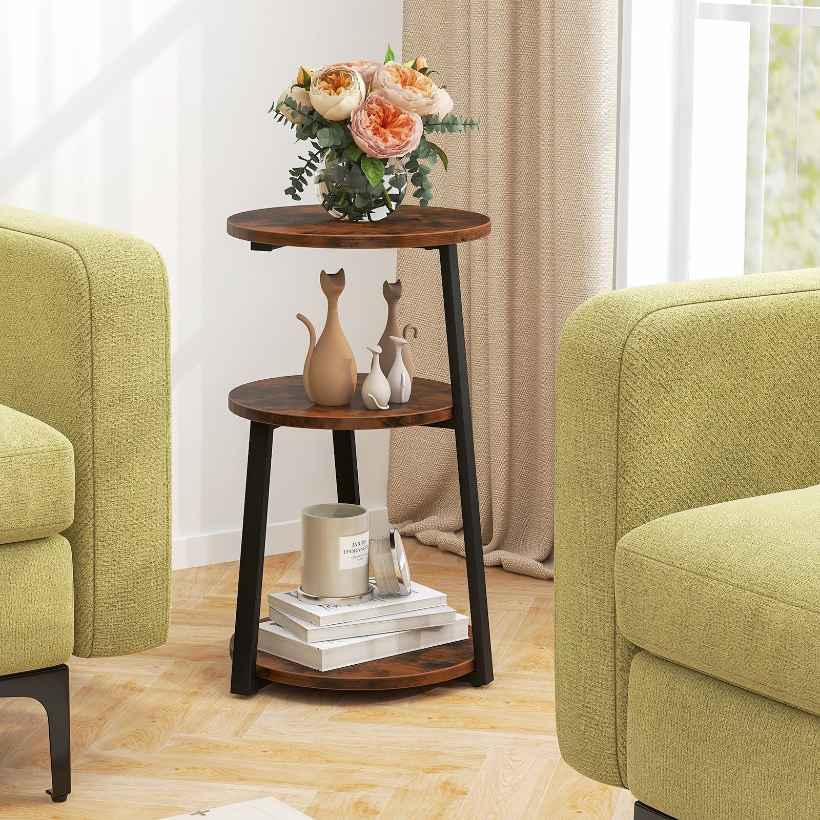 3-Tier Accent Round Side Table with Metal Frame-Set of 2