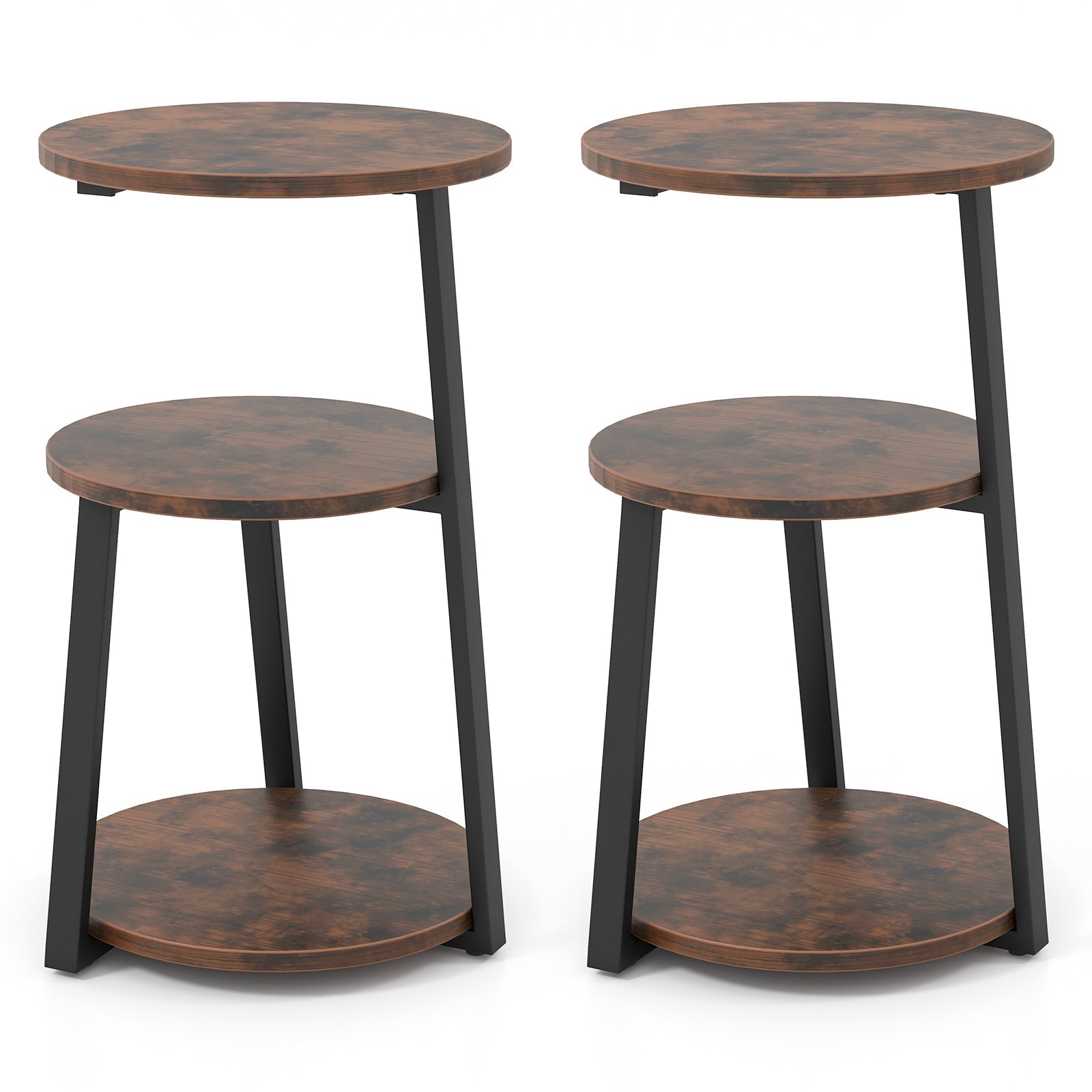 3-Tier Accent Round Side Table with Metal Frame-Set of 2