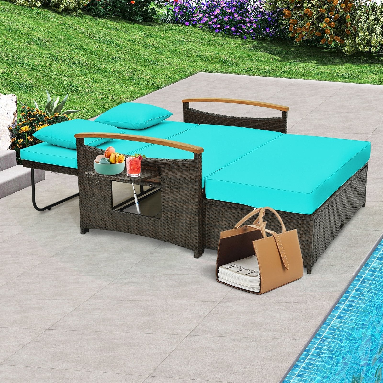 Outdoor Wicker Daybed with Folding Panels and Storage Ottoman-Beige