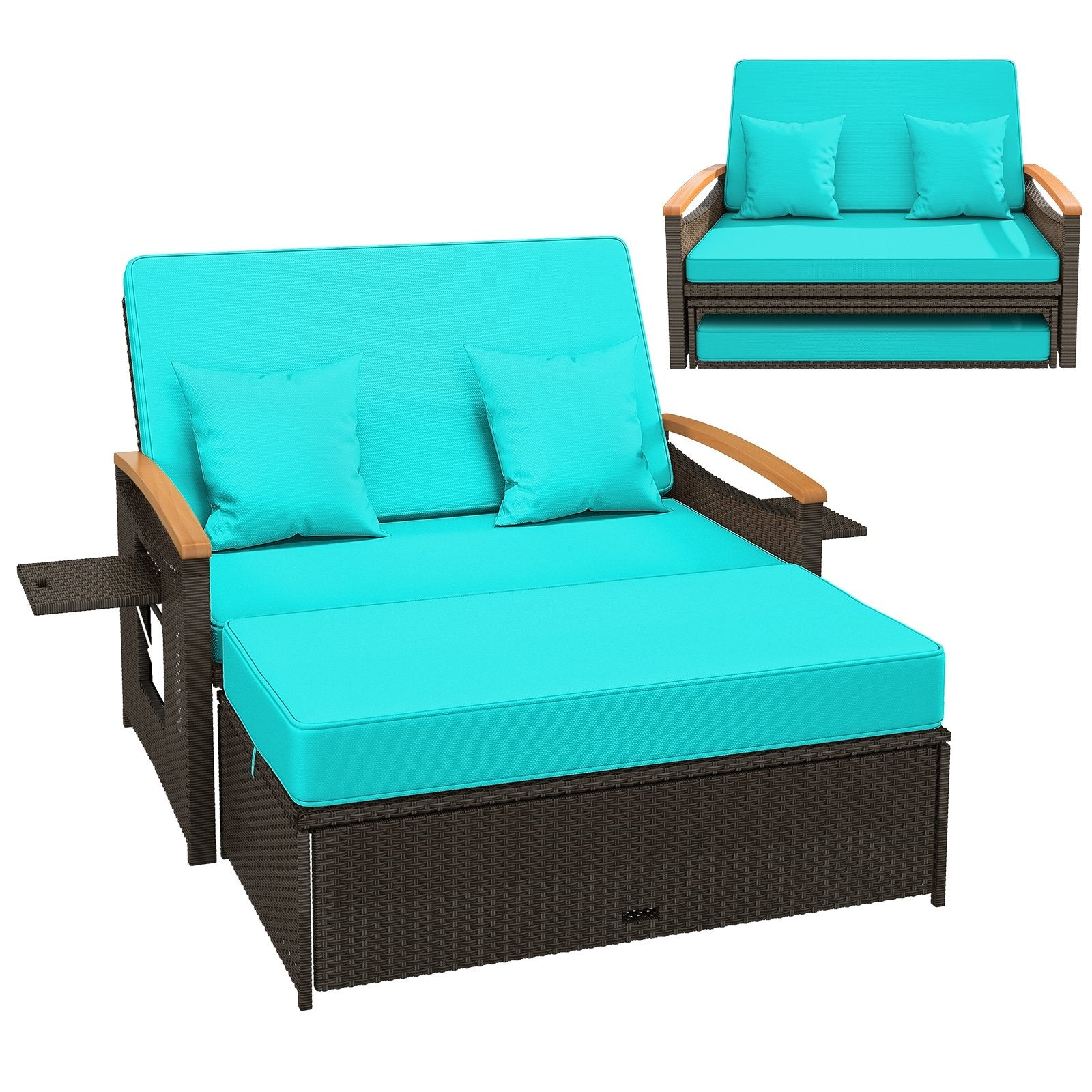 Outdoor Wicker Daybed with Folding Panels and Storage Ottoman-Beige