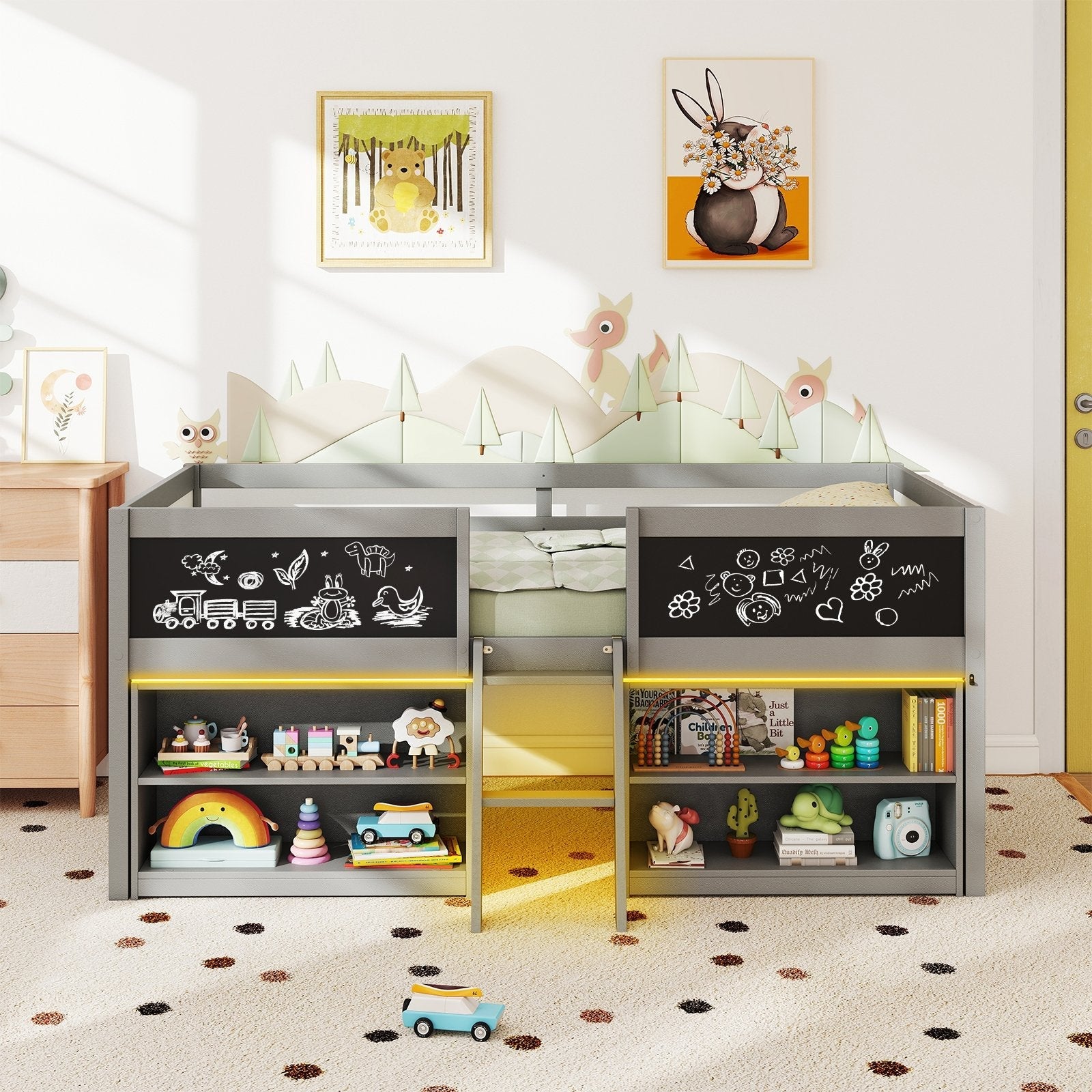 Low Loft Bed with LED Lights Kid's Cabin Bed with Bookcases-Gray