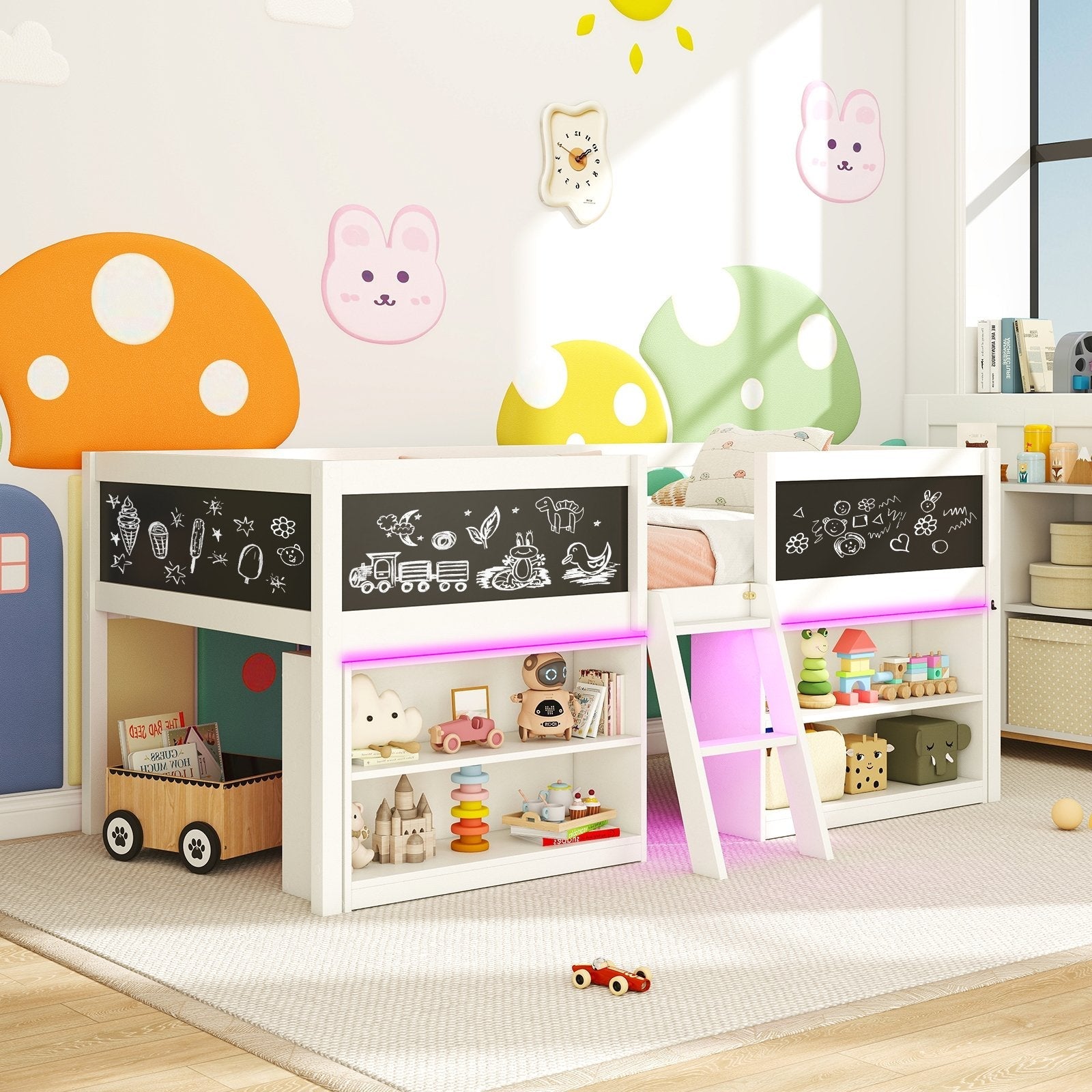 Low Loft Bed with LED Lights Kid's Cabin Bed with Bookcases-Gray