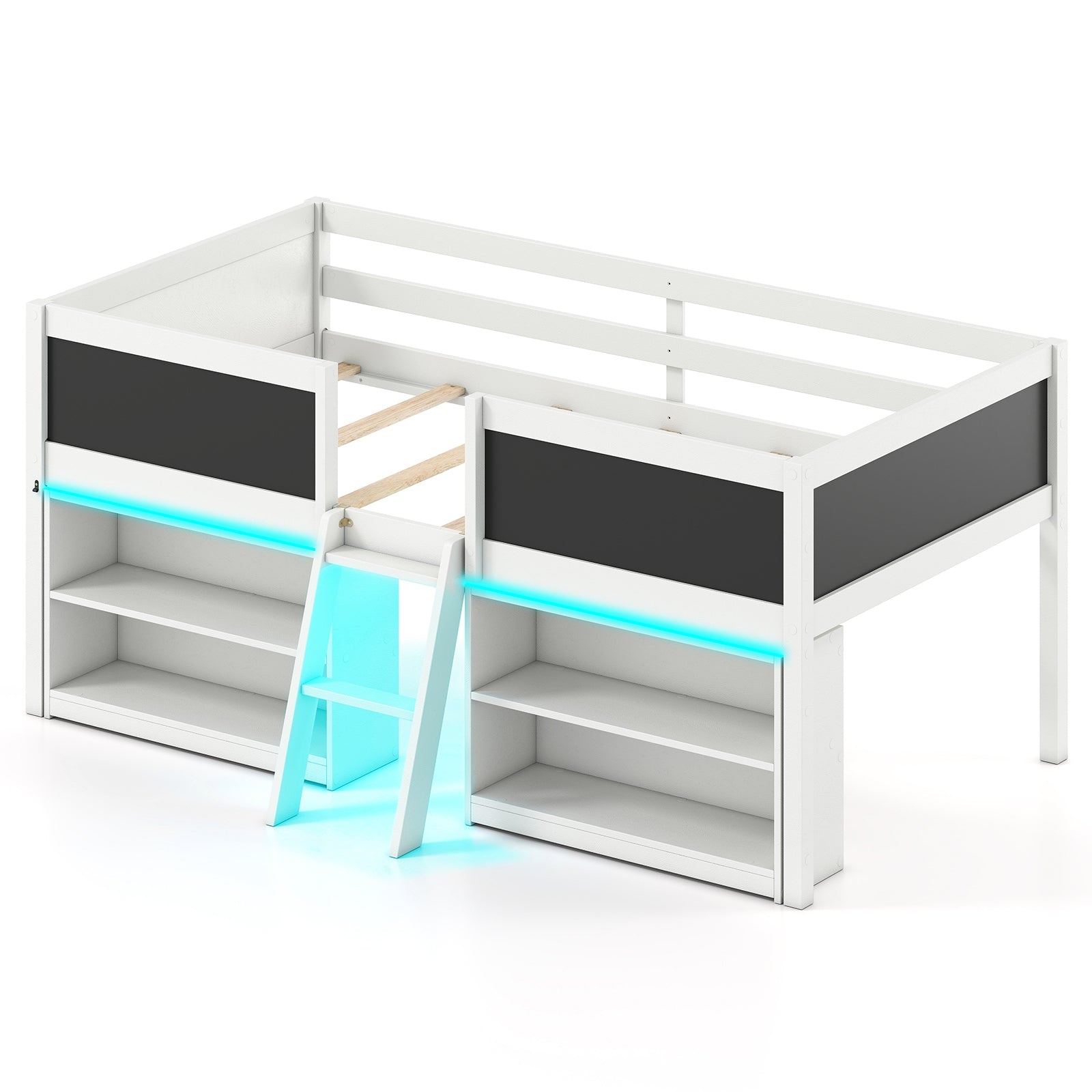 Low Loft Bed with LED Lights Kid's Cabin Bed with Bookcases-Gray