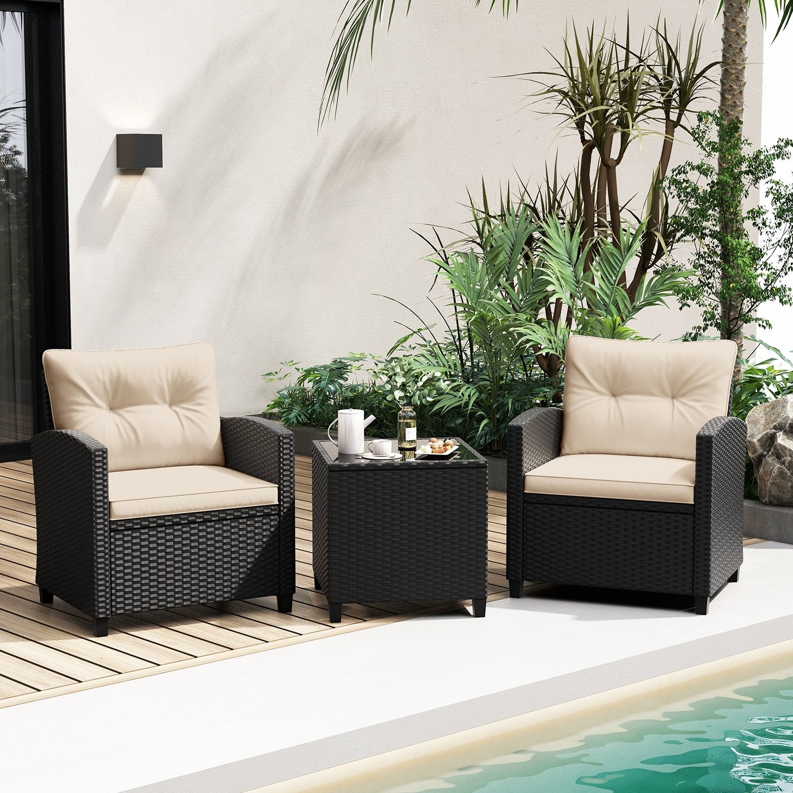 3 Pieces Patio Furniture Set with Tempered Glass Coffee Table-Black