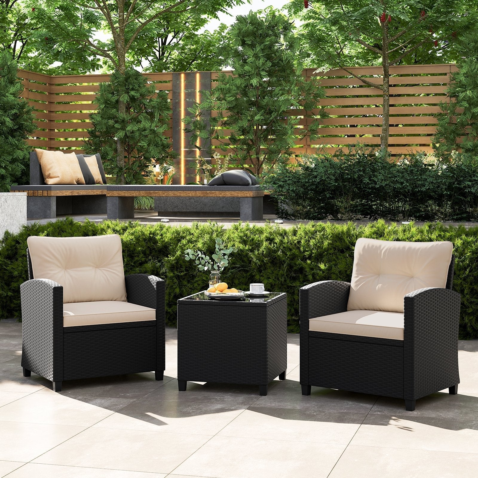 3 Pieces Patio Furniture Set with Tempered Glass Coffee Table-Black