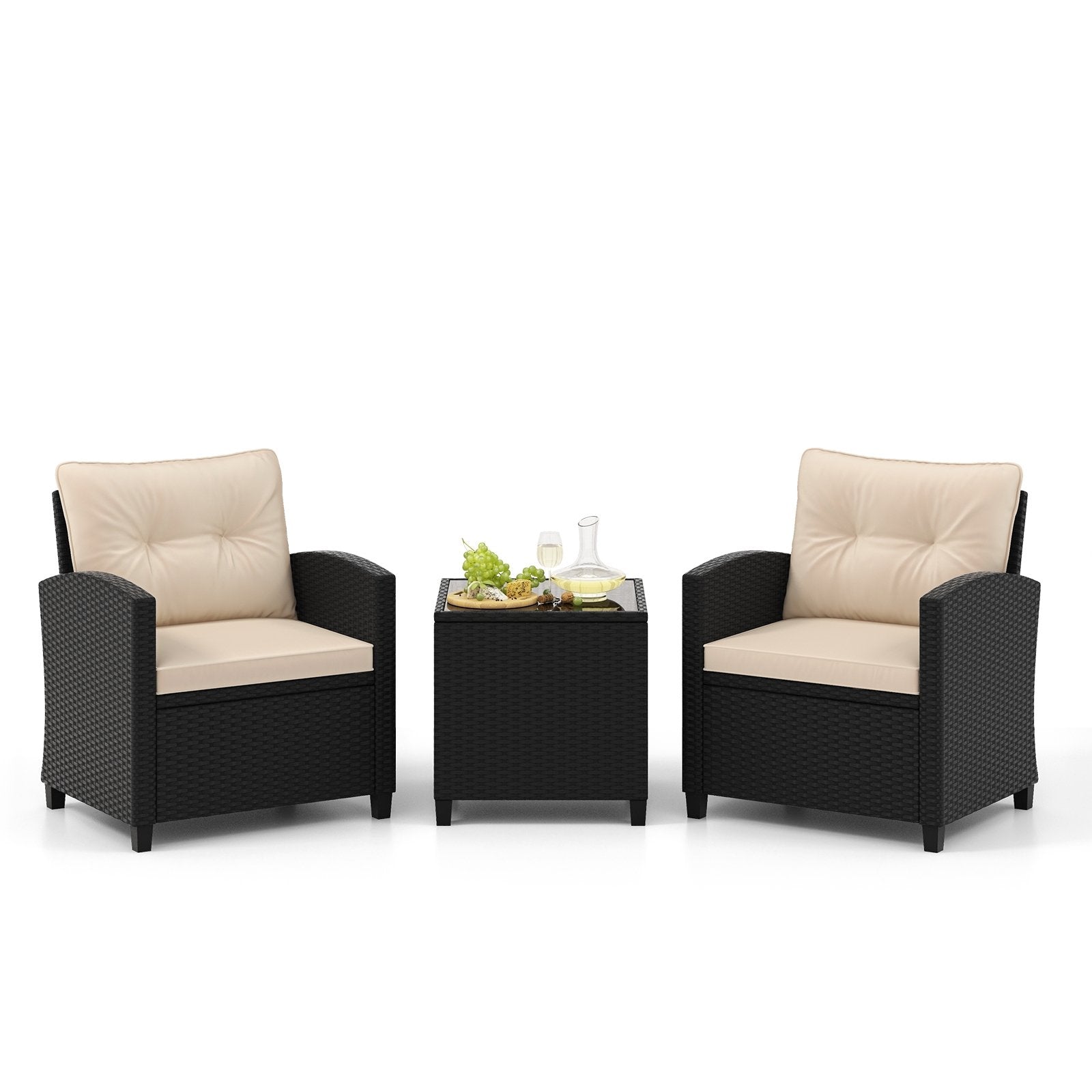 3 Pieces Patio Furniture Set with Tempered Glass Coffee Table-Black