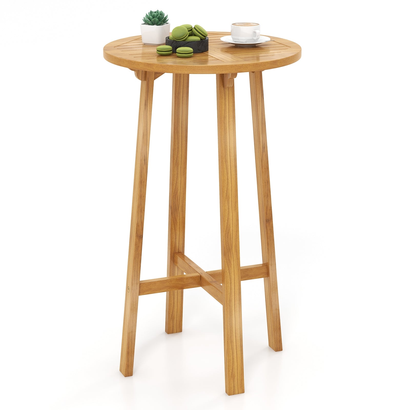 24 Inch Teak Wood Round Bar Table with Footrest for Indoors Outdoors