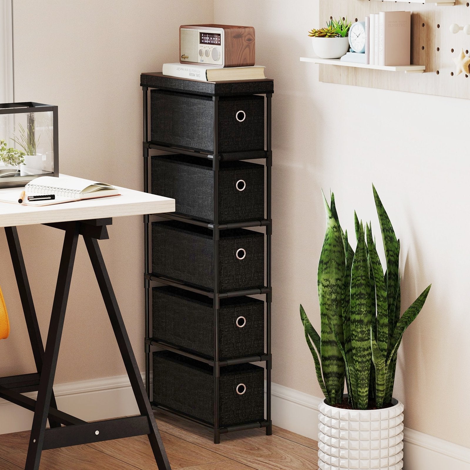 Narrow Dresser with 5 Drawers Slim Storage Tower with Metal Frame-Black