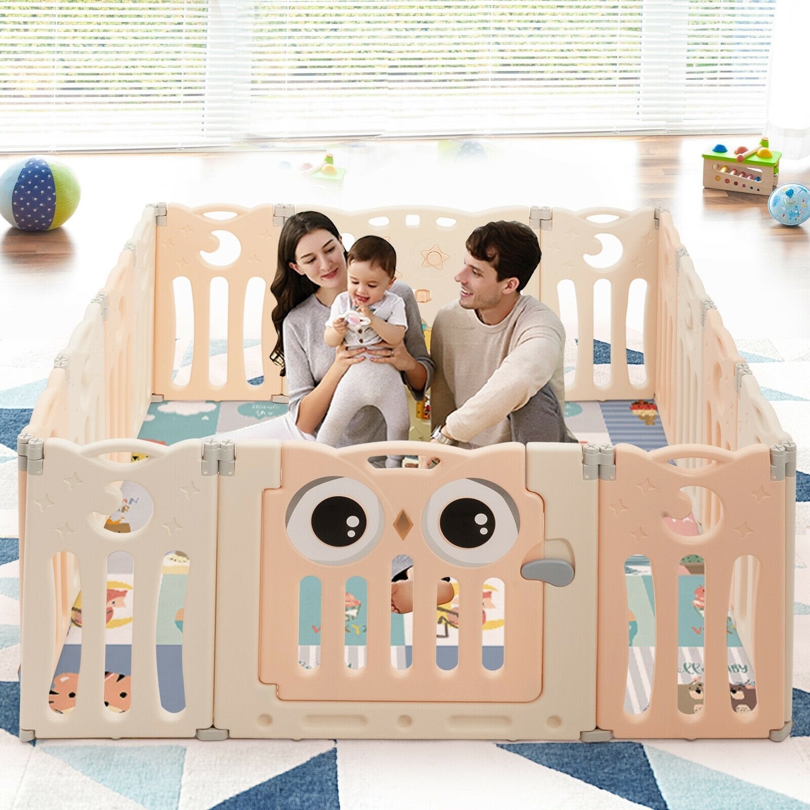 14-Panel Baby Playpen Kids Activity Center Foldable Play Yard with Lock Door-Beige