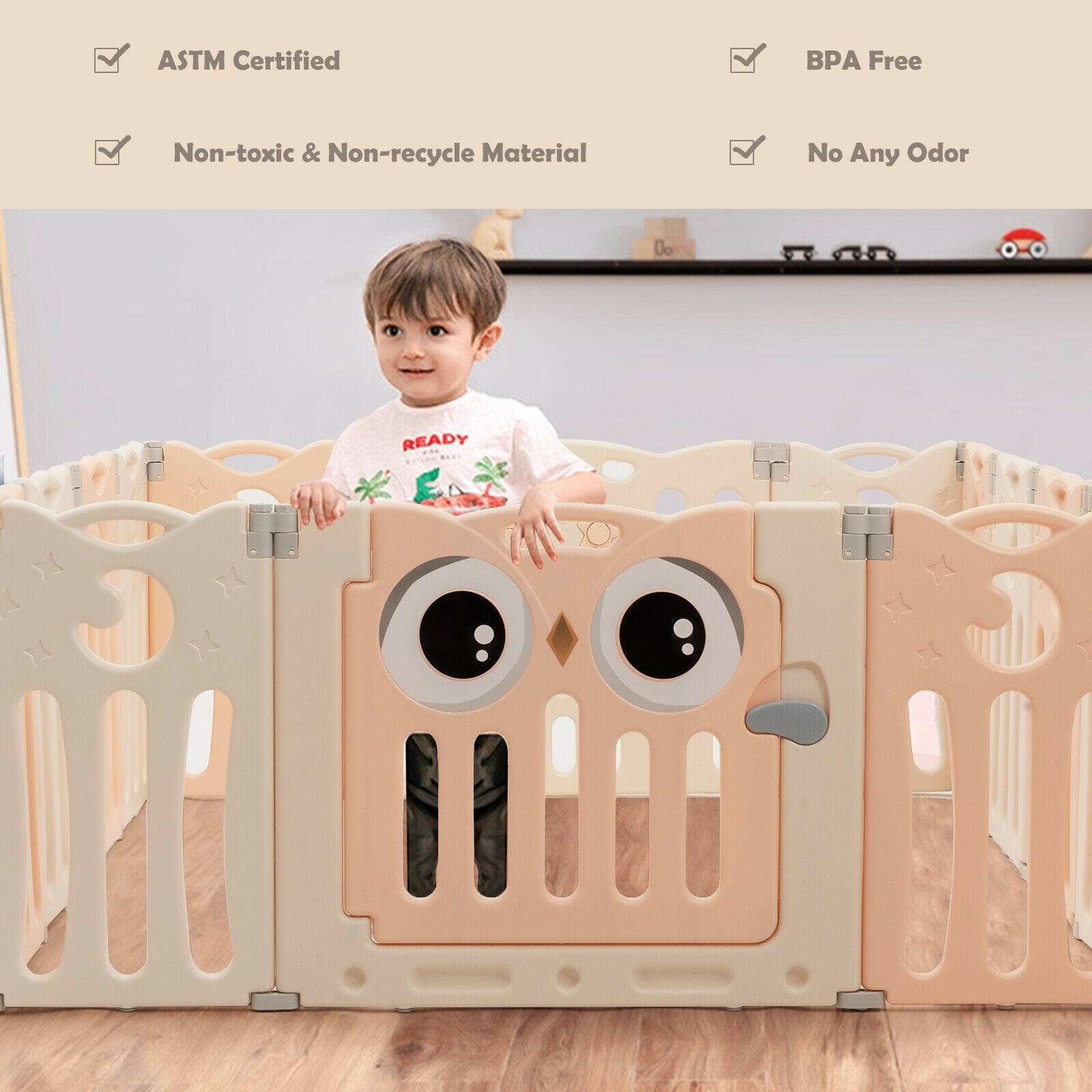 14-Panel Baby Playpen Kids Activity Center Foldable Play Yard with Lock Door-Beige