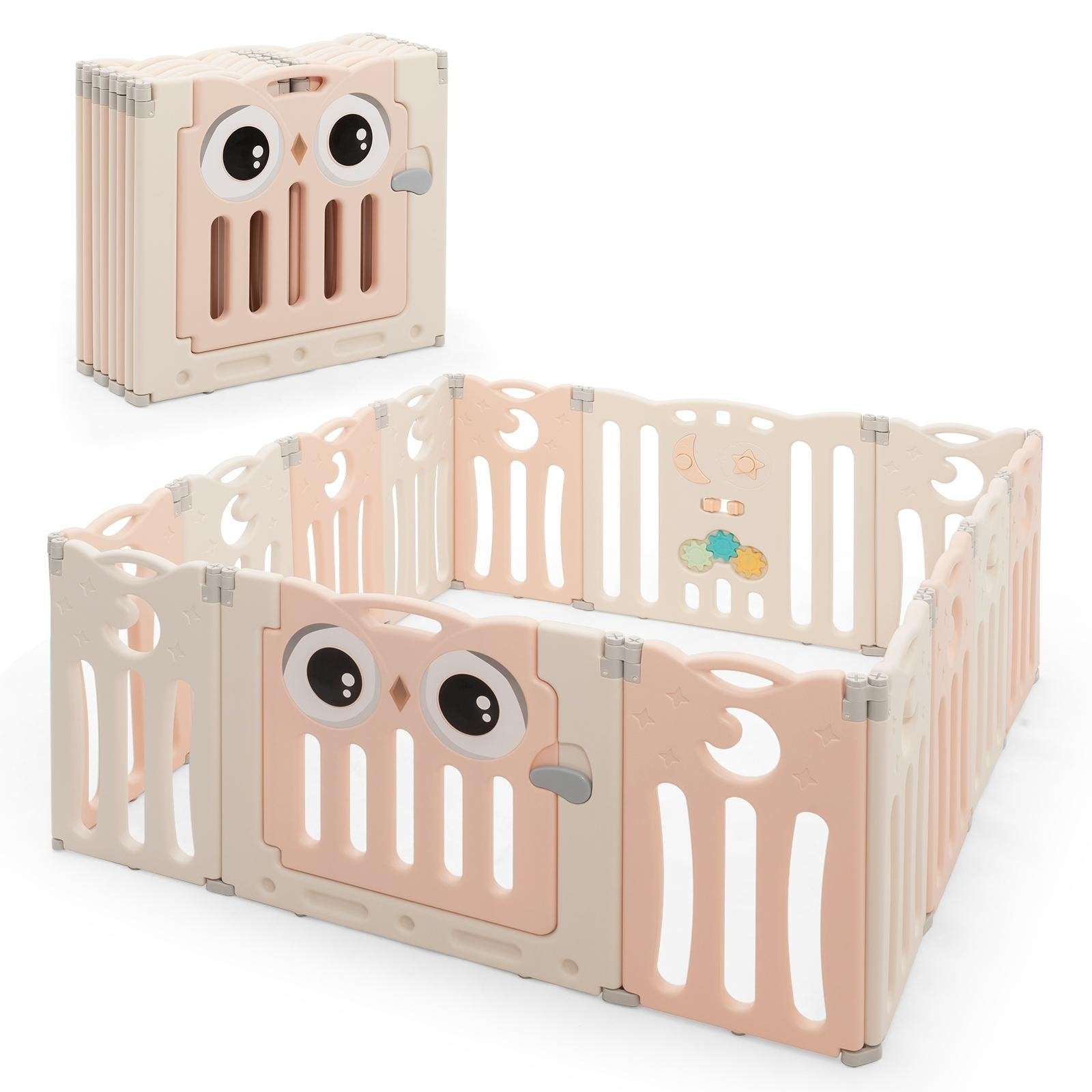 14-Panel Baby Playpen Kids Activity Center Foldable Play Yard with Lock Door-Beige