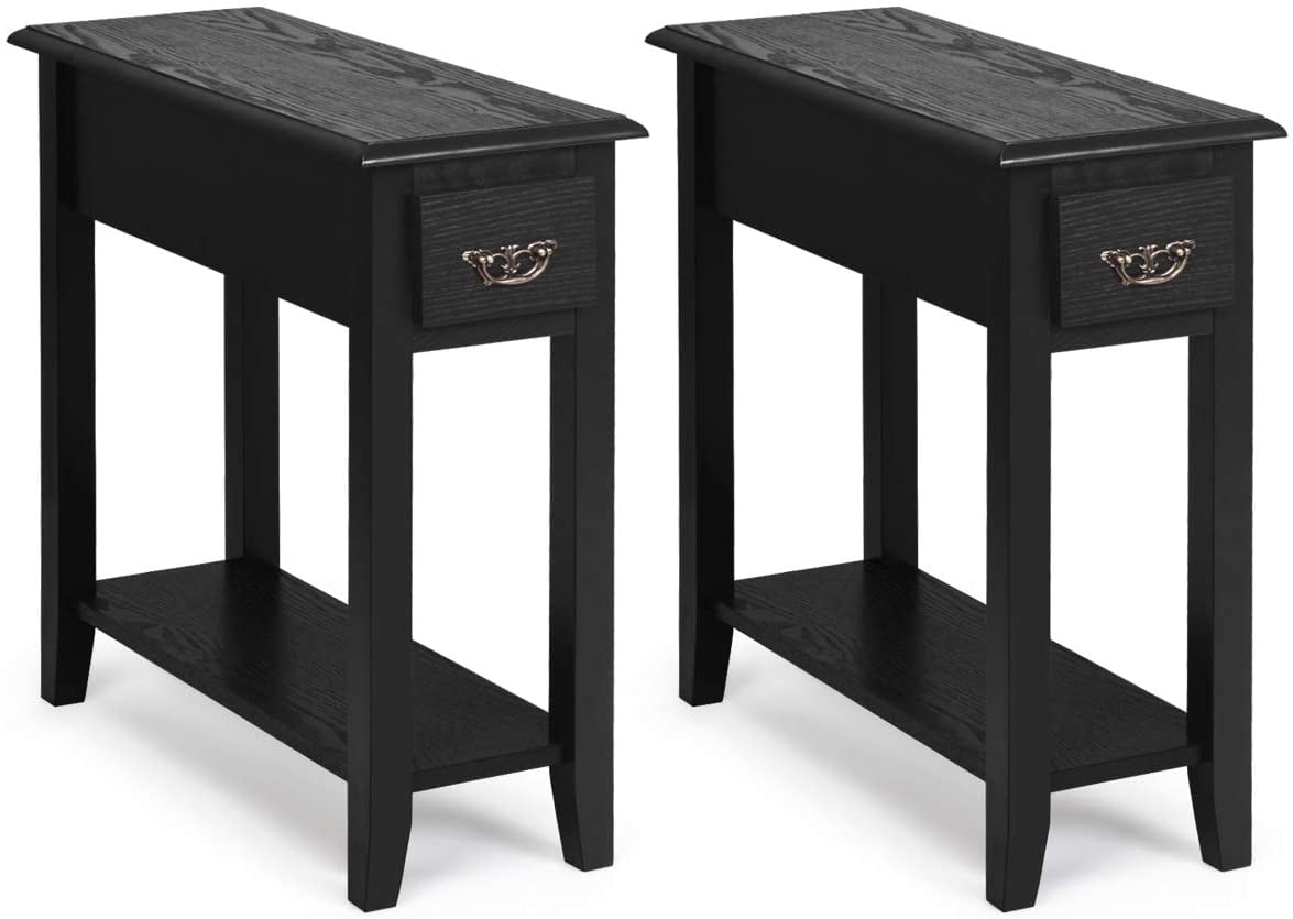 2 Pieces 2 Tier Sofa Side End Table with Drawer and Open Shelf-Black