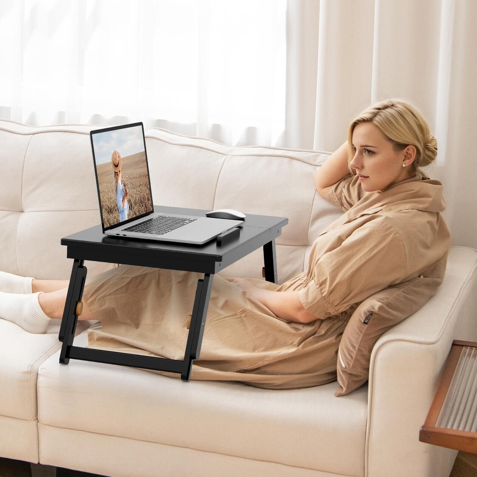 Adjustable Bamboo Laptop Desk with Tilting Top and Drawer-Brown