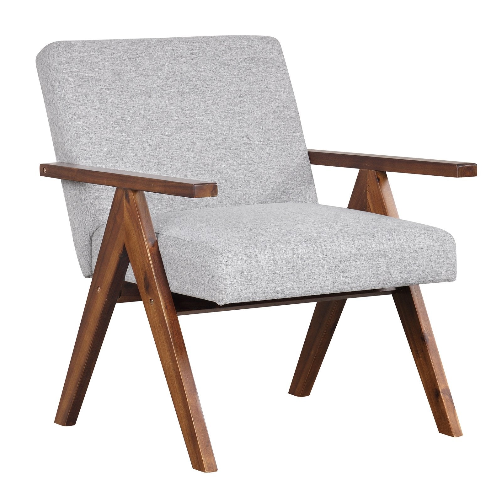 Modern Accent Chair Linen Fabric Armchair with Solid Acacia Wood Frame-Beige