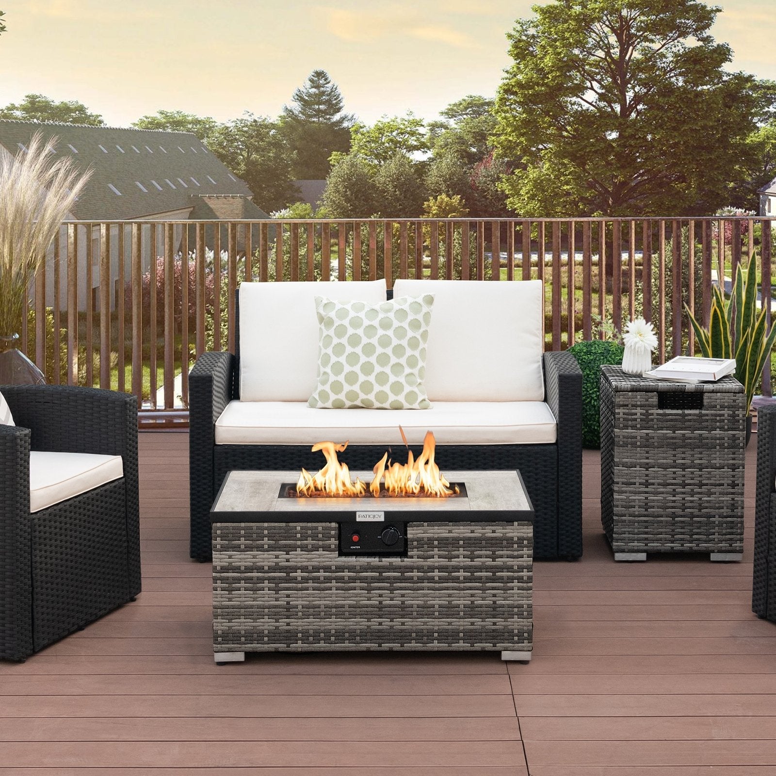 32 x 20 Inch Propane Rattan Fire Pit Table Set with Side Table Tank and Cover-Black