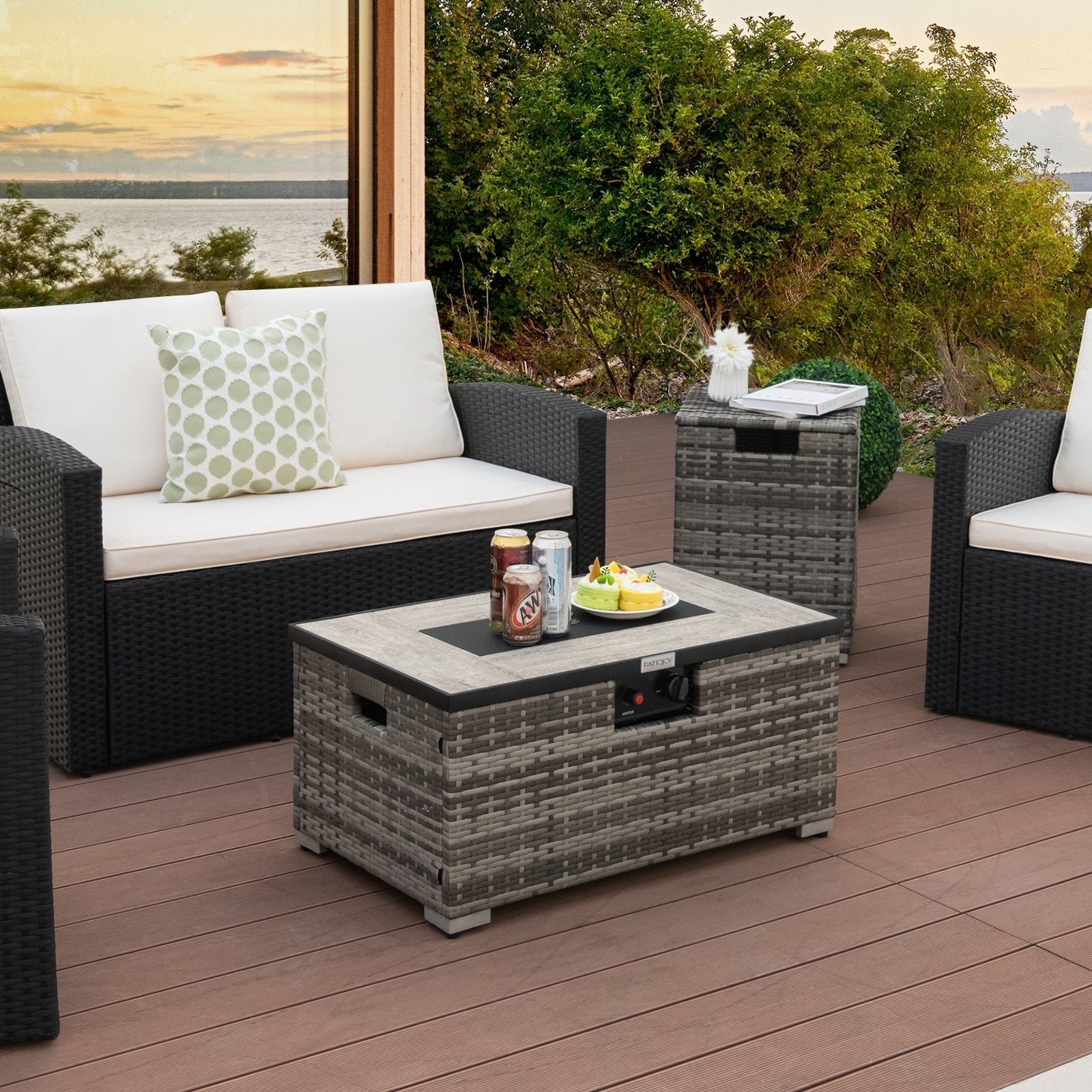 32 x 20 Inch Propane Rattan Fire Pit Table Set with Side Table Tank and Cover-Black