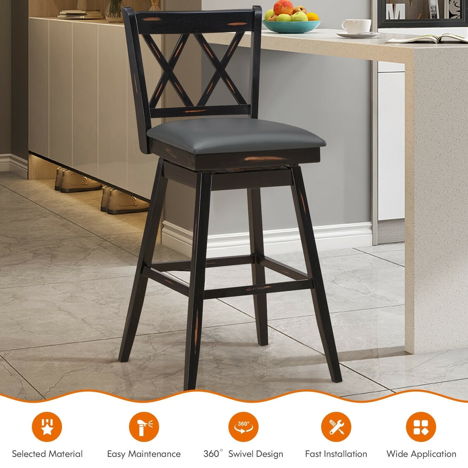 2 Pieces 29 Inch Swivel Counter Height Barstool Set with Rubber Wood Legs-Black