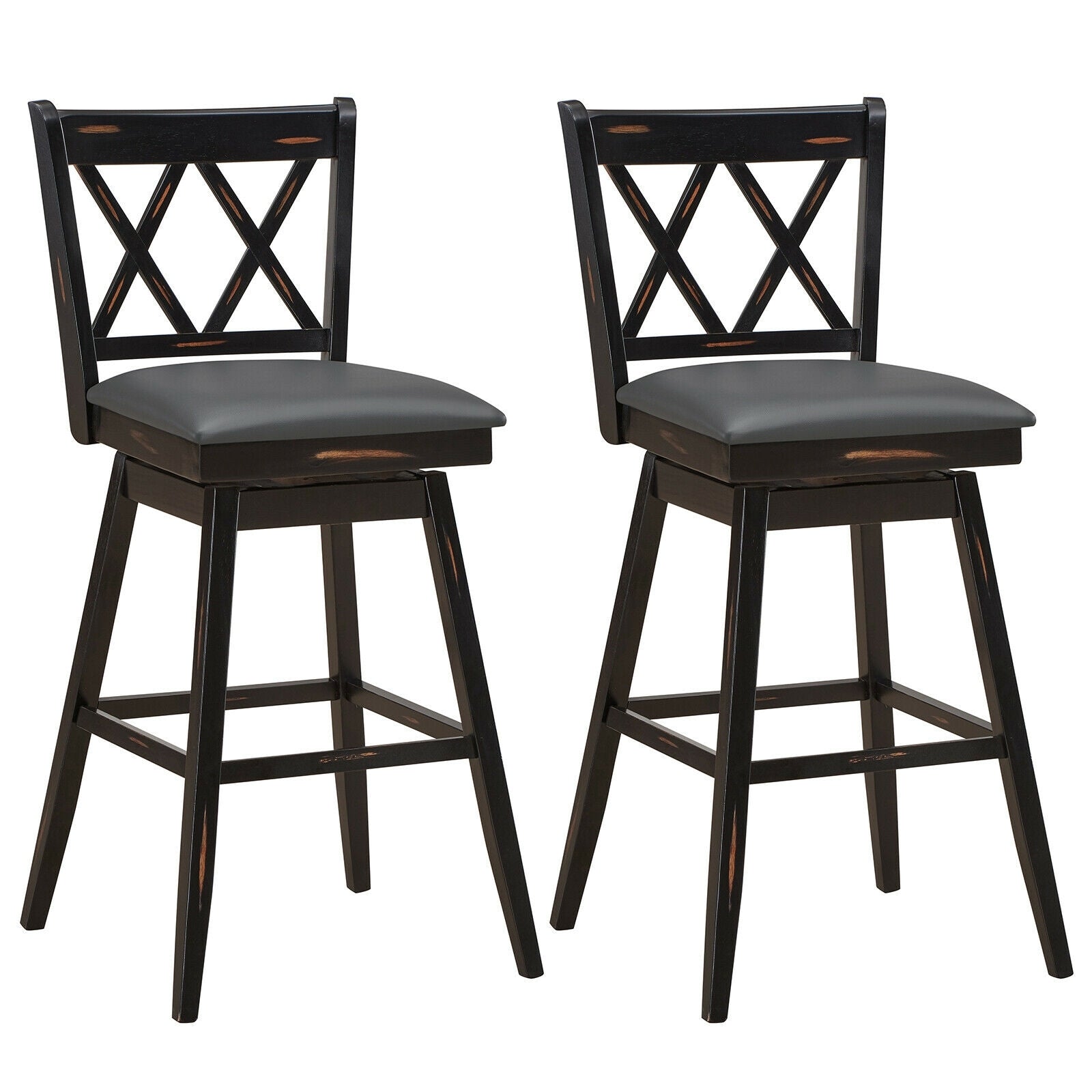 2 Pieces 29 Inch Swivel Counter Height Barstool Set with Rubber Wood Legs-Black