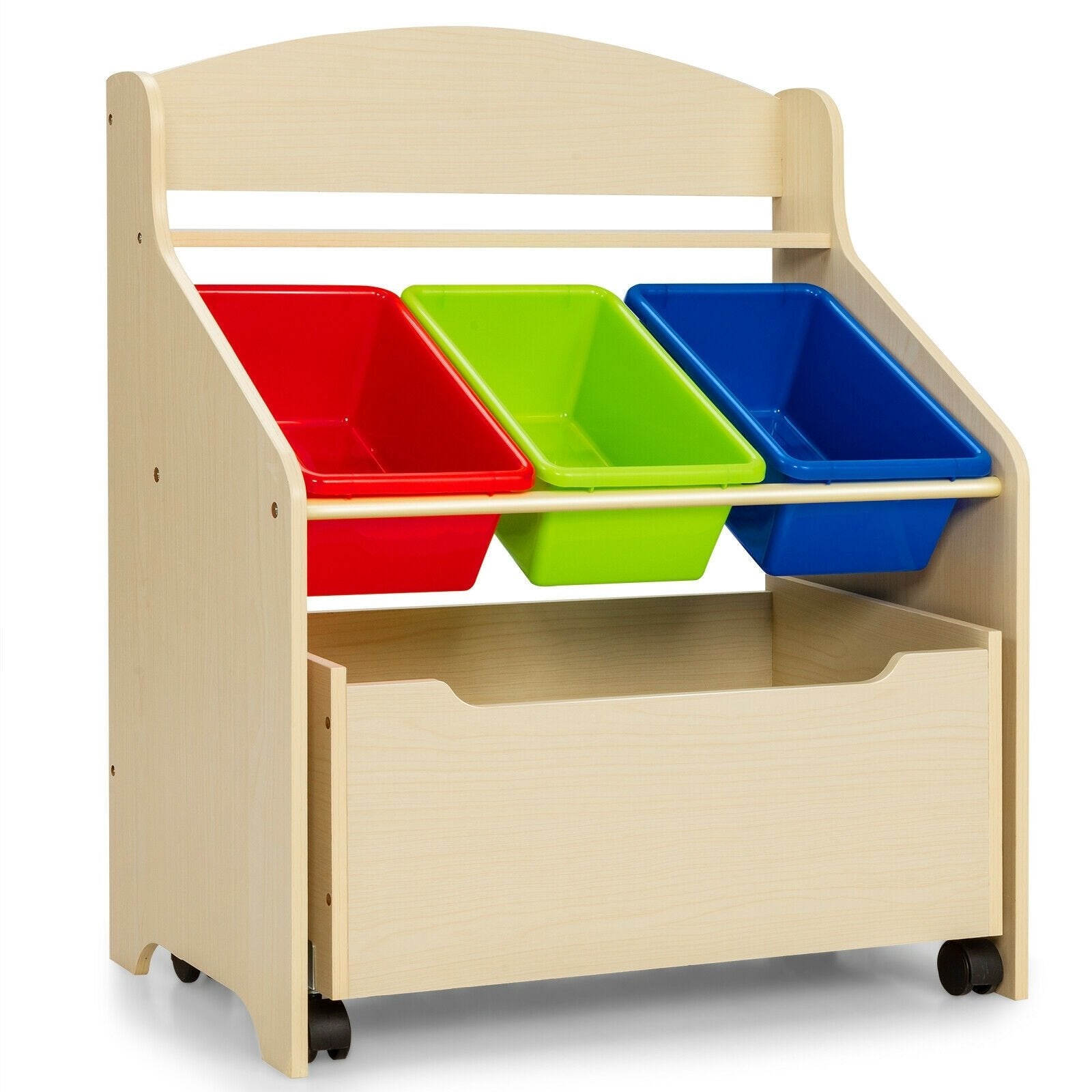 Kids Wooden Toy Storage Unit Organizer with Rolling Toy Box and Plastic Bins-Espresso
