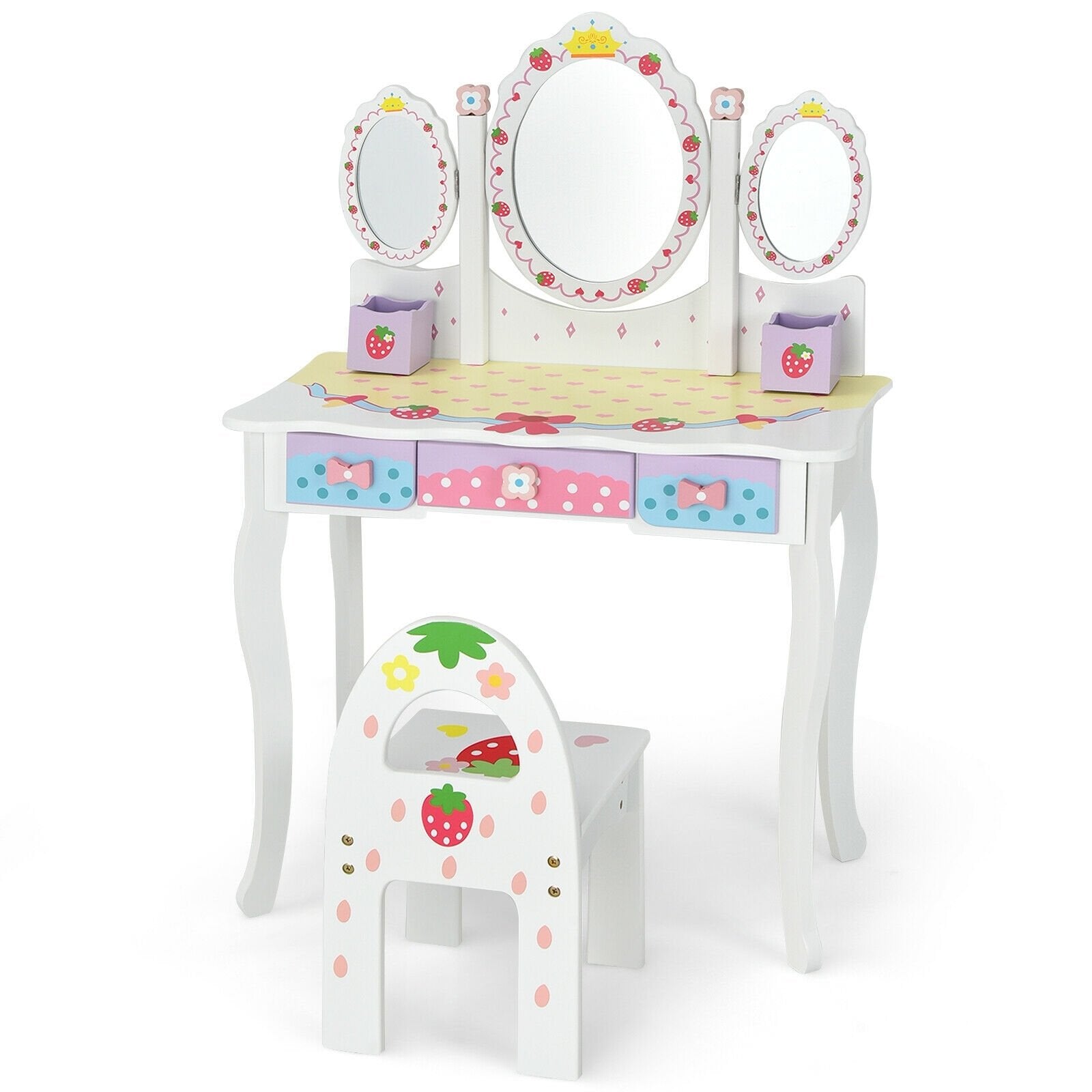 Kids Vanity Princess Makeup Dressing Table Chair Set with Tri-fold Mirror-Pink
