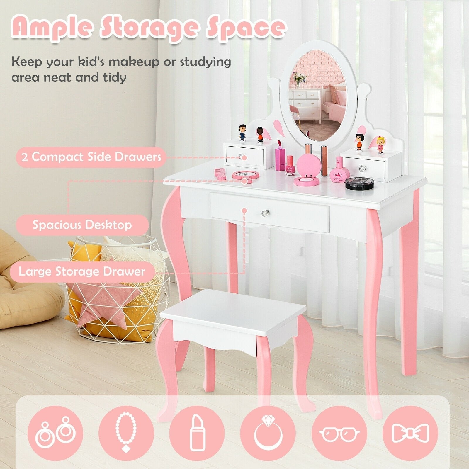 Kids Vanity Princess Makeup Dressing Table Stool Set with Mirror and Drawer-Pink