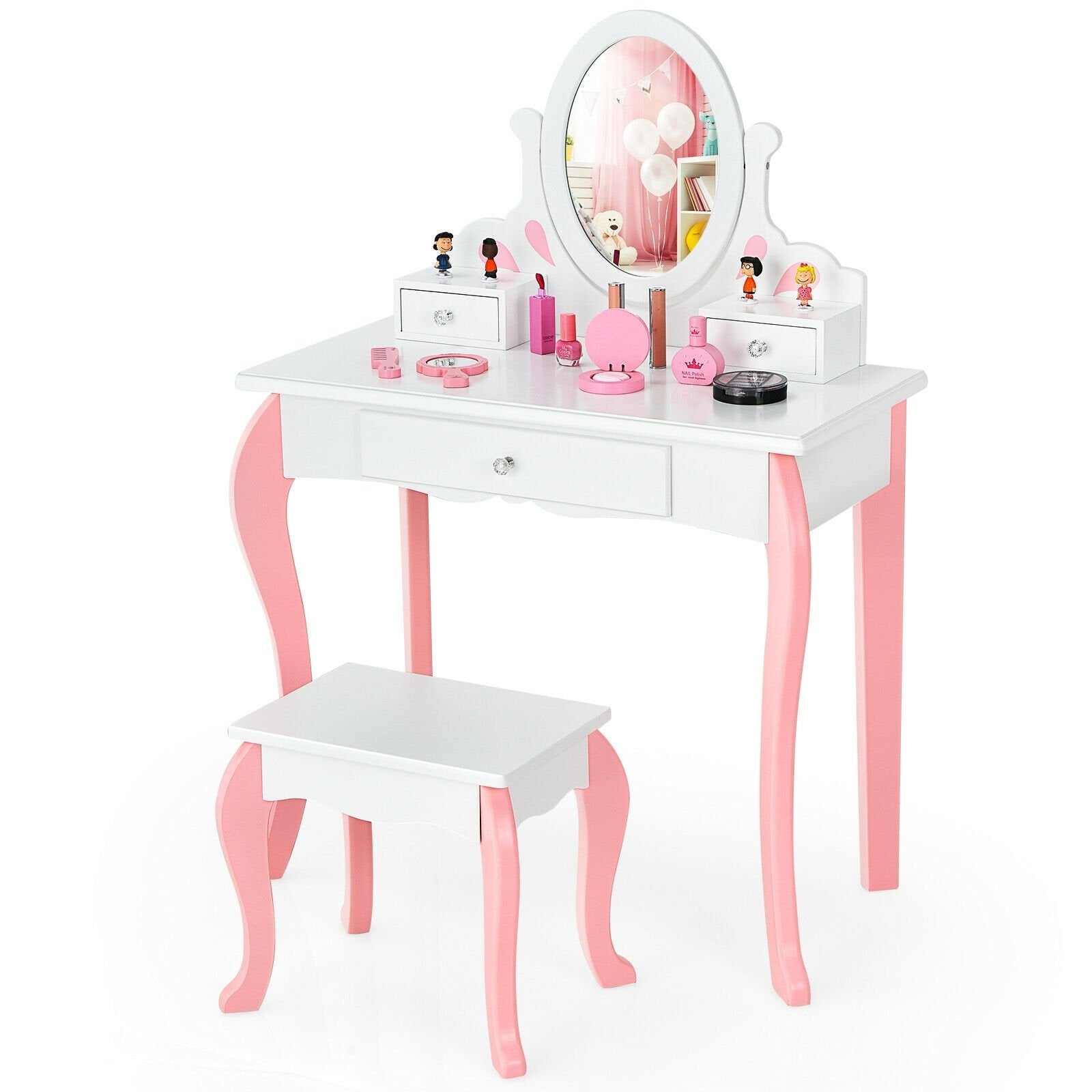 Kids Vanity Princess Makeup Dressing Table Stool Set with Mirror and Drawer-Pink