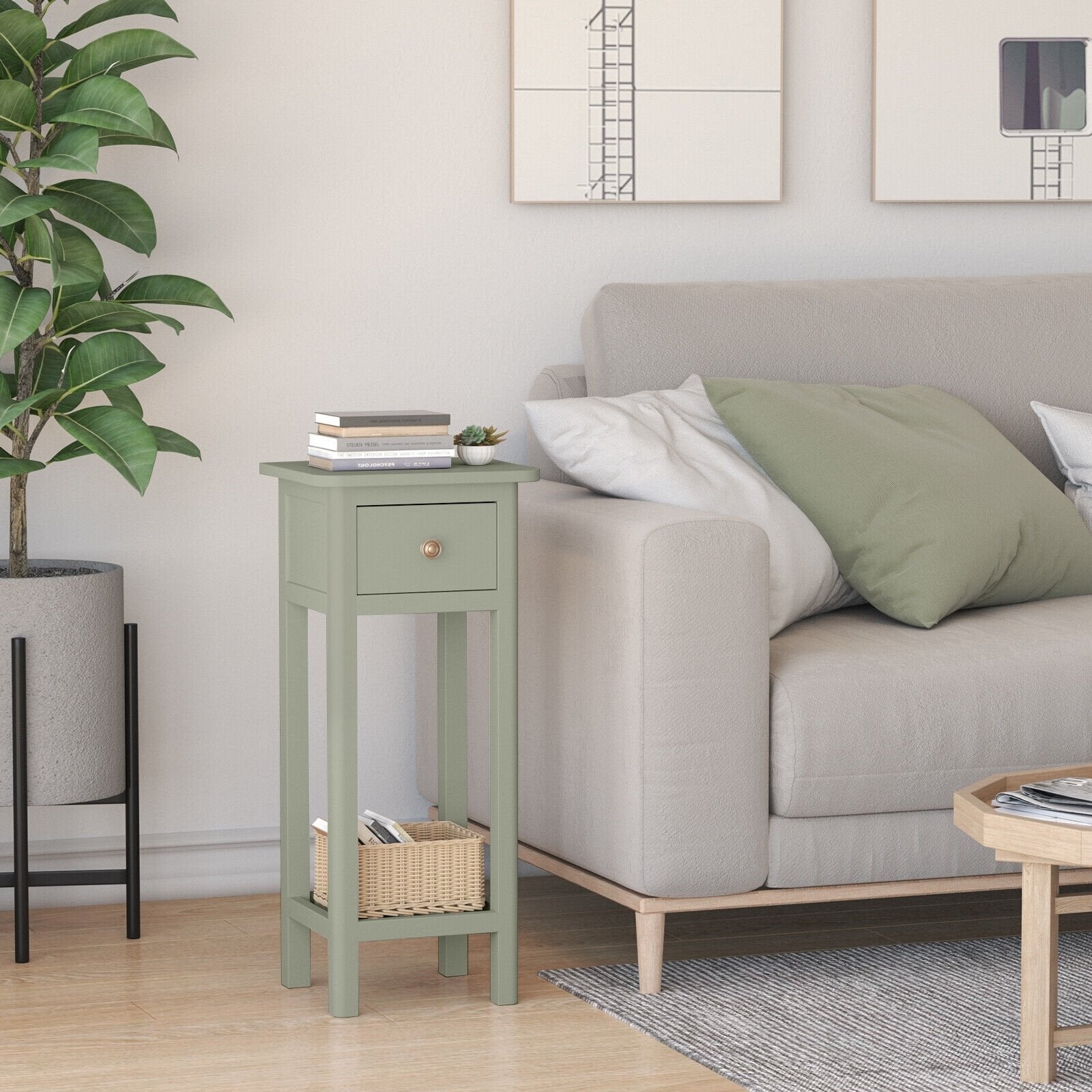 2 Tier Slim Nightstand Bedside Table with Drawer Shelf-Black